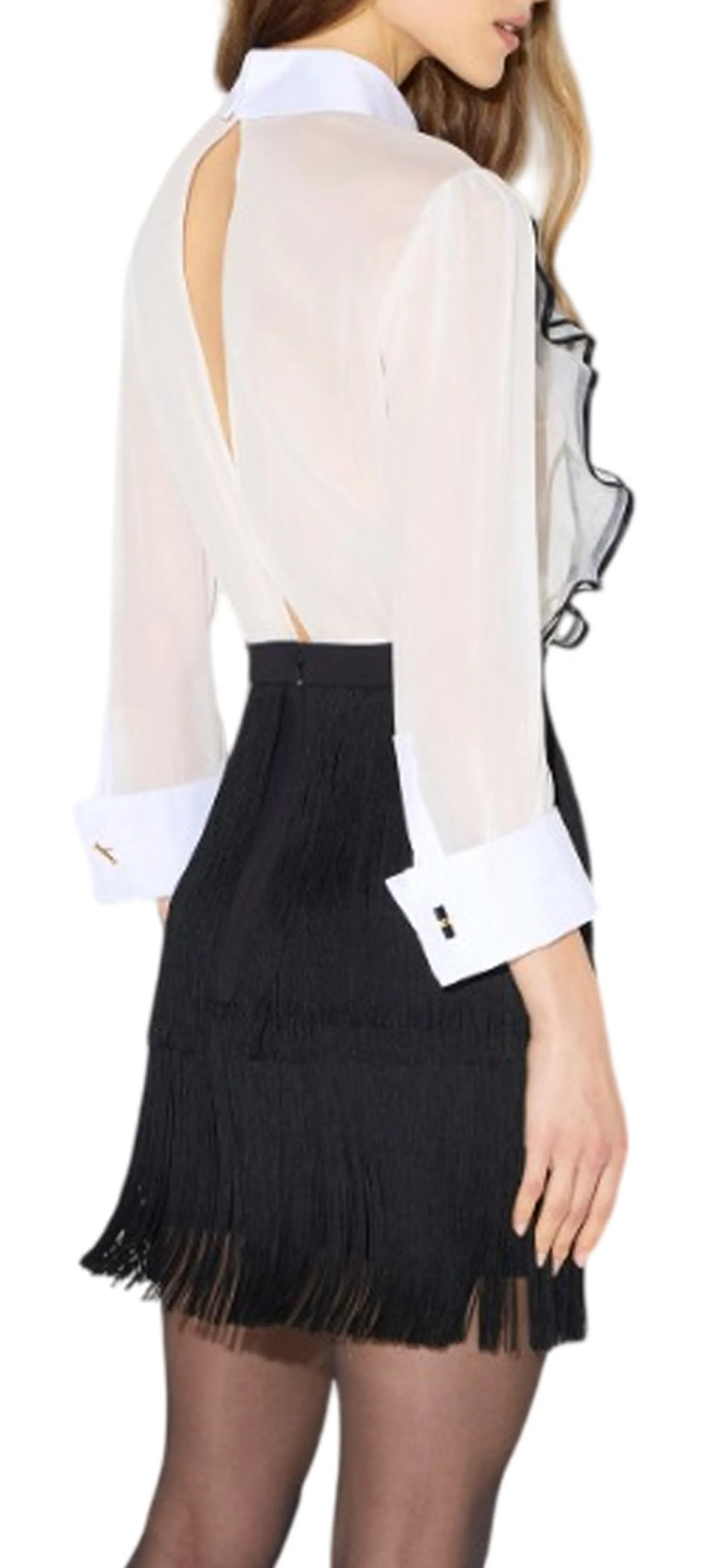 Elisabetta Franchi Abito In Georgette Con Ruches E Frange Avorio Ab02267E2 189358