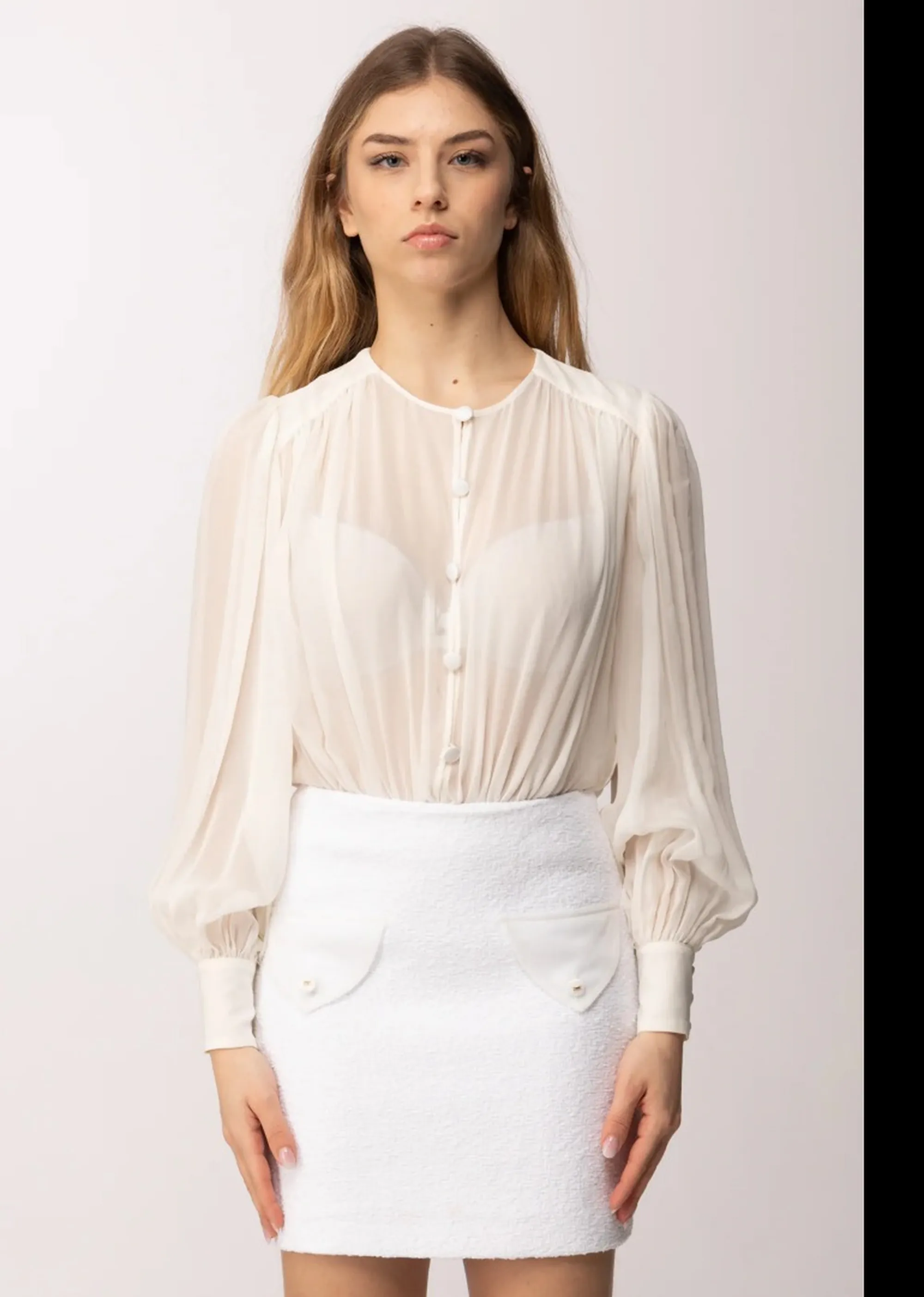 Elisabetta Franchi B'Georgette And Tweed Boucle Dress' Ivory Ab95262E2 182064