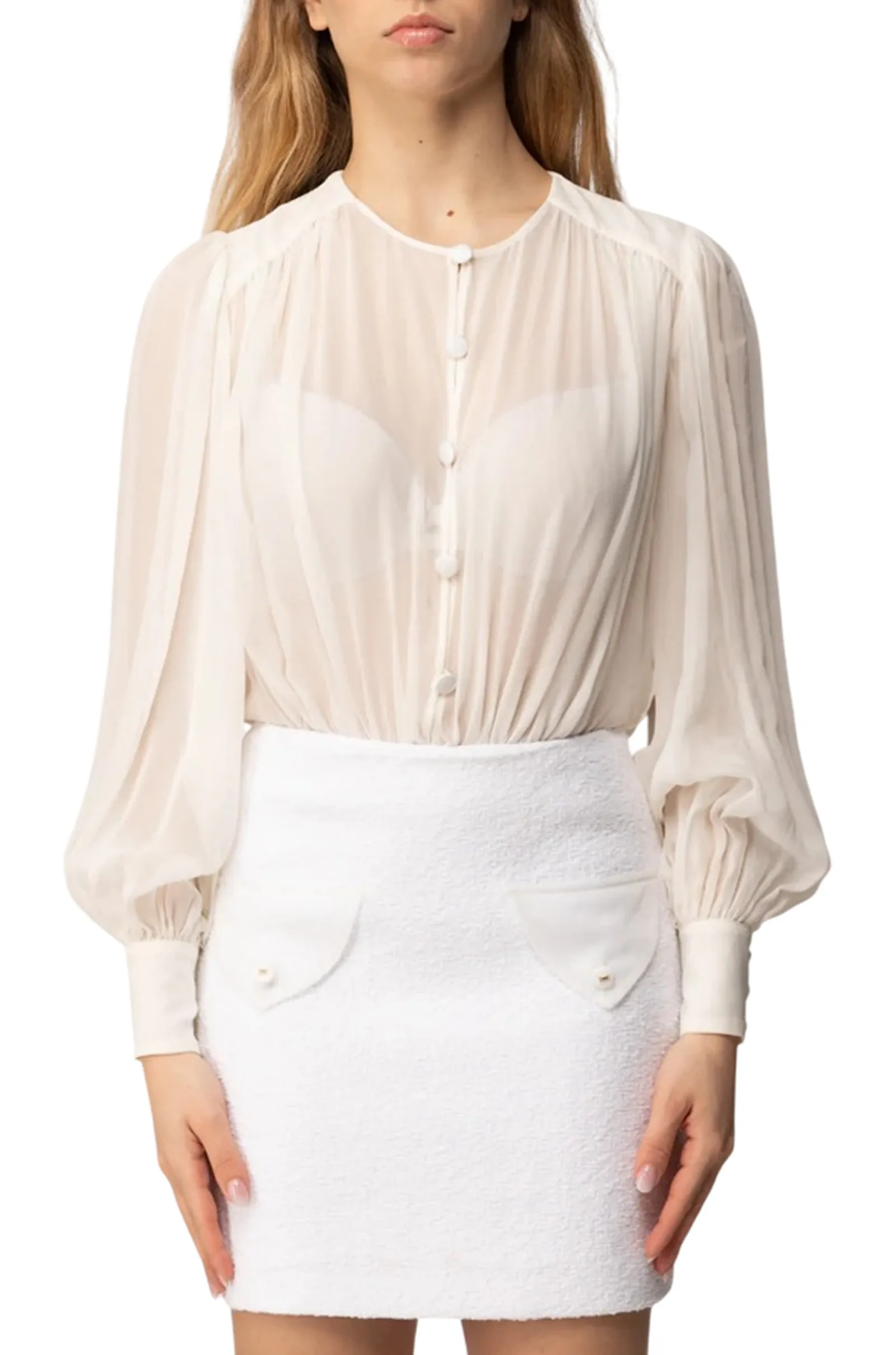 Elisabetta Franchi Abito In Georgette E Tweed Boucle Avorio Ab95262E2 182193