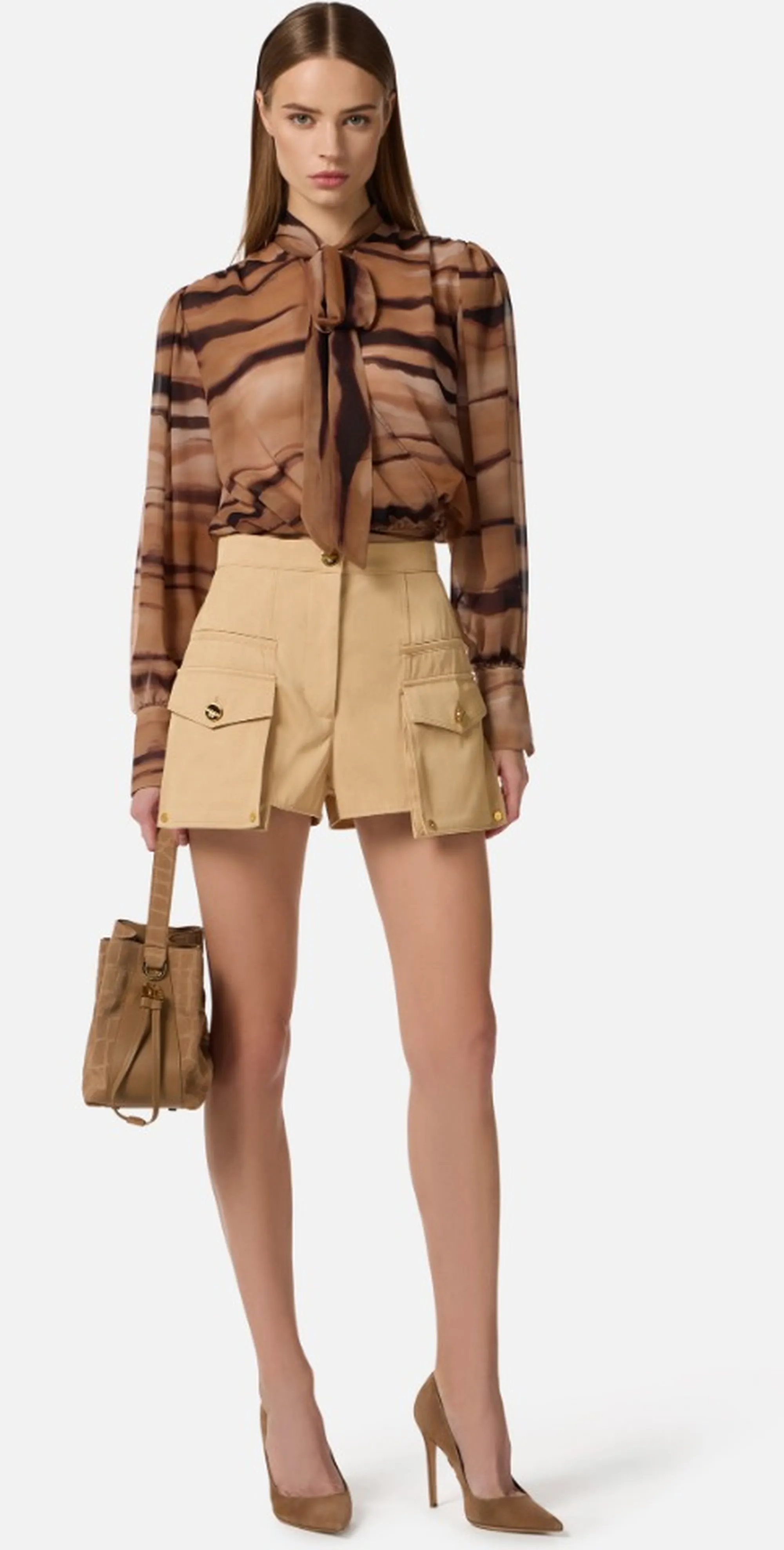 Elisabetta Franchi Blusa In Chiffon Con Stampa Tigre Cammello Ca16062E2 172057