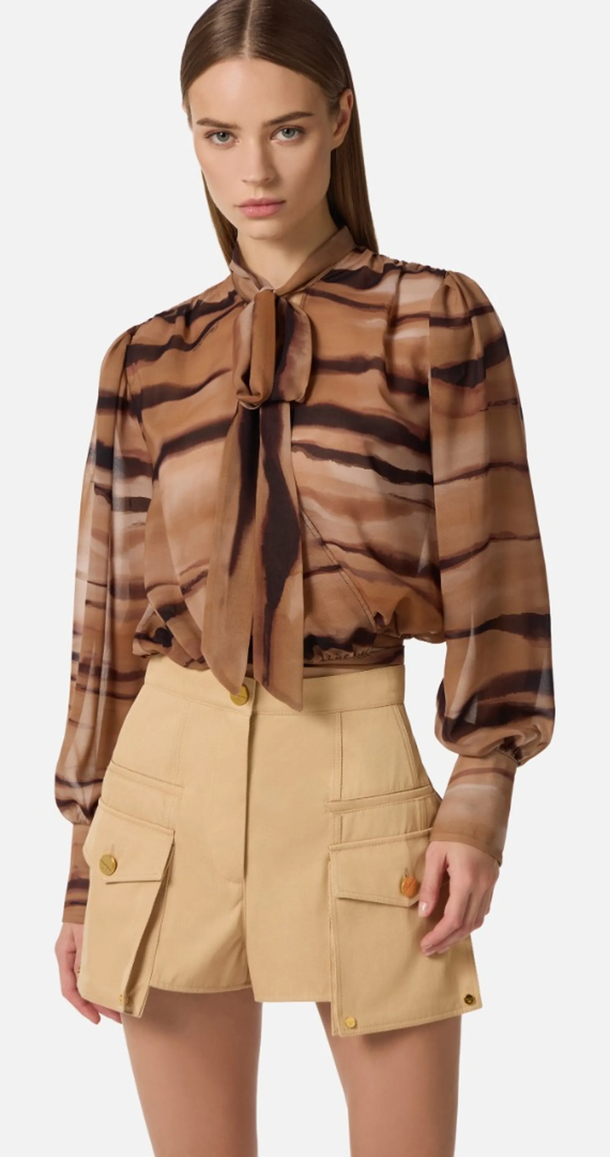 Elisabetta Franchi Blusa In Chiffon Con Stampa Tigre Cammello Ca16062E2 172058