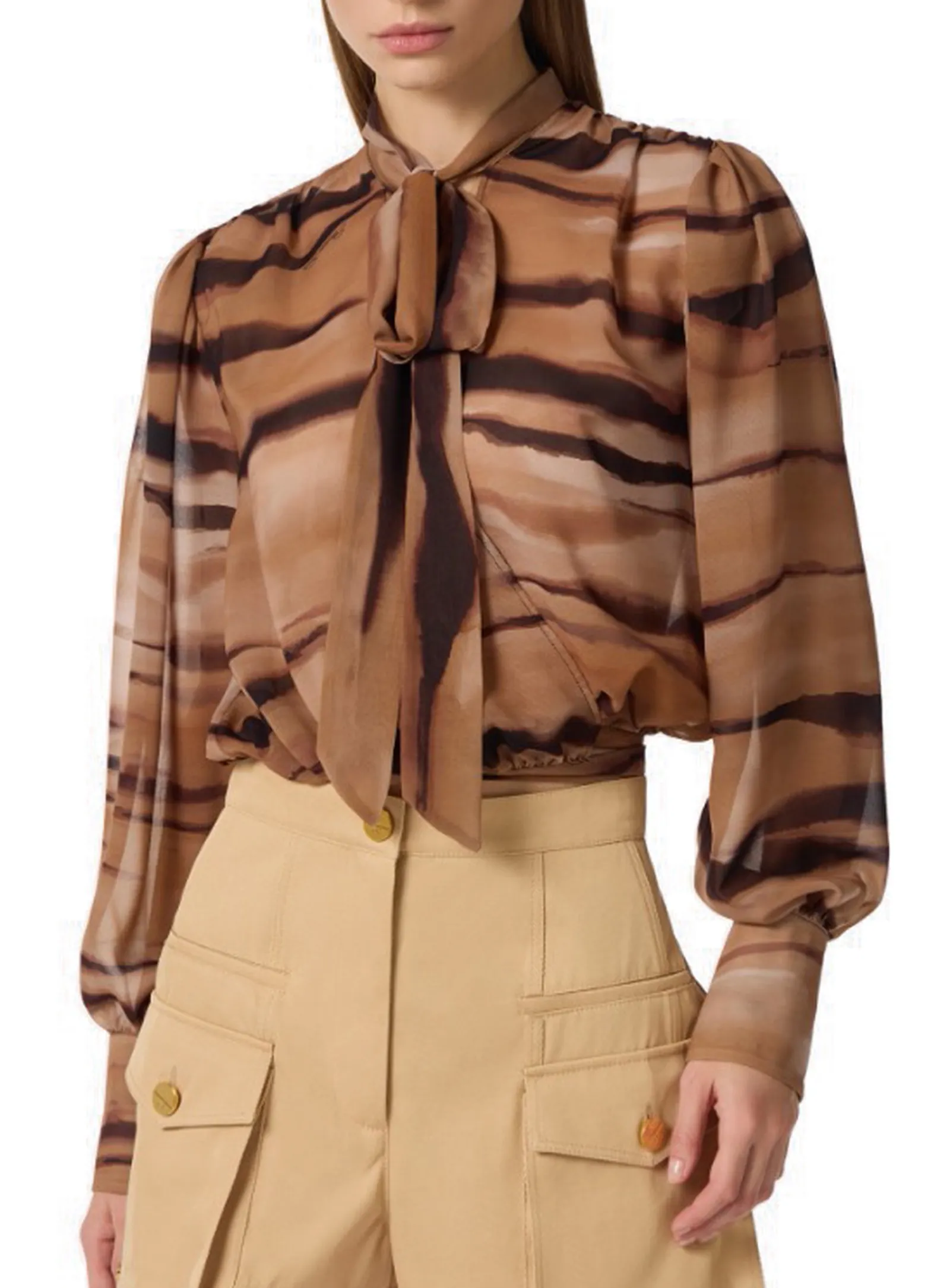 Elisabetta Franchi Blusa In Chiffon Con Stampa Tigre Cammello Ca16062E2 178351