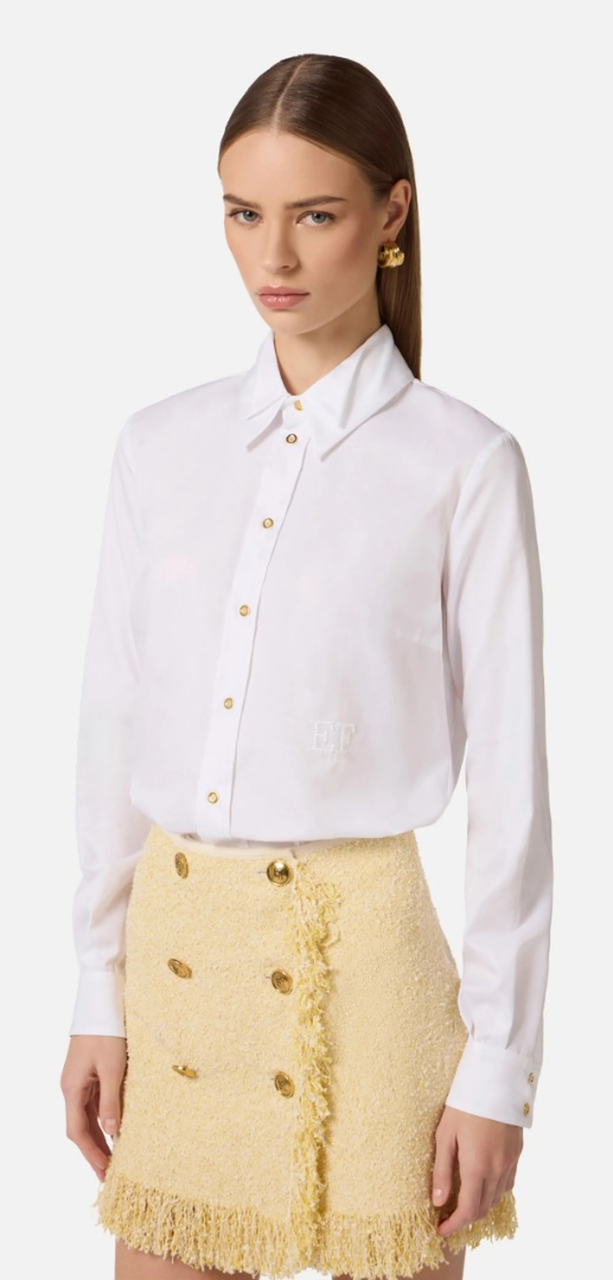 Elisabetta Franchi Camicia In Cotone Con Doppio Colletto E Ricamo Bianco Ca12561E2 171458