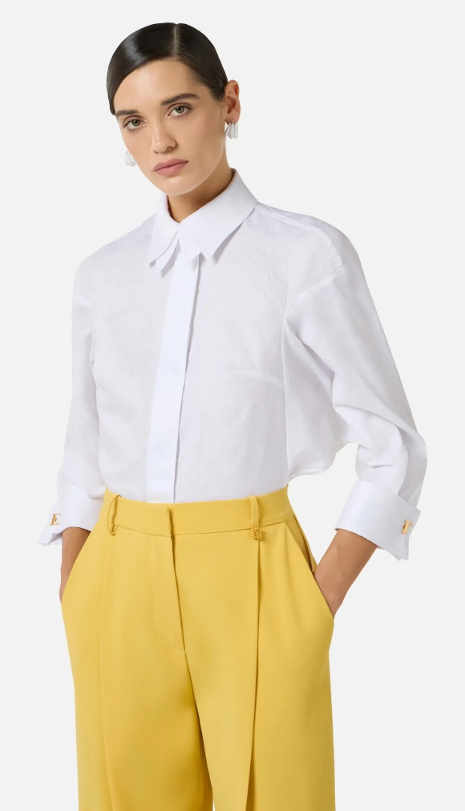 Elisabetta Franchi Camicia In Cotone Jacquard Con Gemelli Bianco Ca14161E2 172205