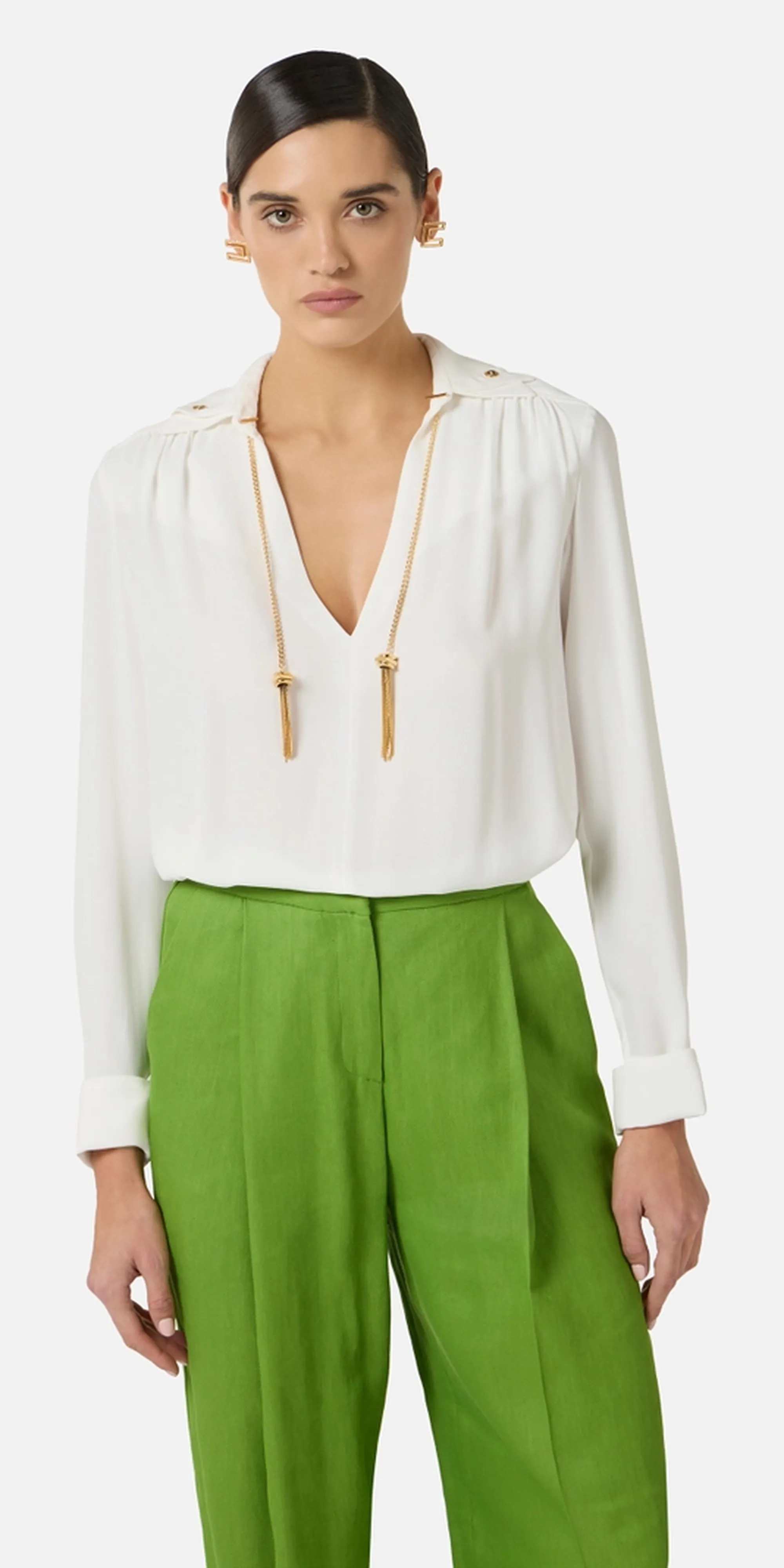 Elisabetta Franchi Camicia In Georgette Con Dettagli Gioiello Avorio Ca15962E2 177951