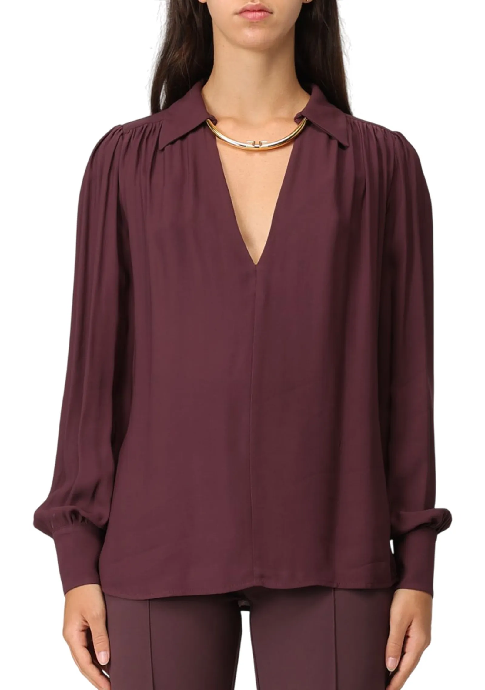 Elisabetta Franchi Camicia In Georgette Con Dettaglio Gioiello Merlot Ca12356E2 153725