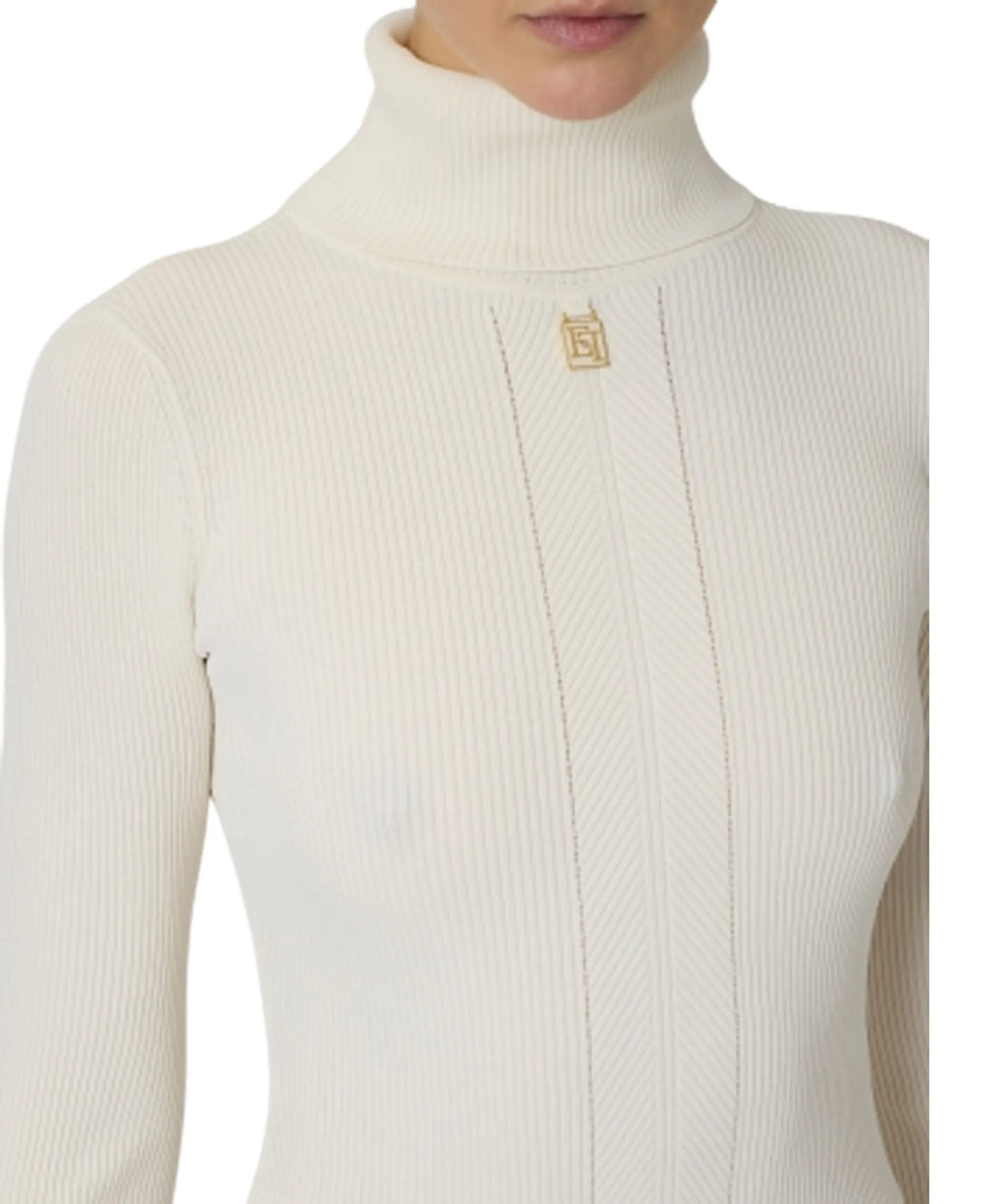 Elisabetta Franchi Dolcevita In Maglia A Coste Con Logo Burro Mk22B66E2 185052