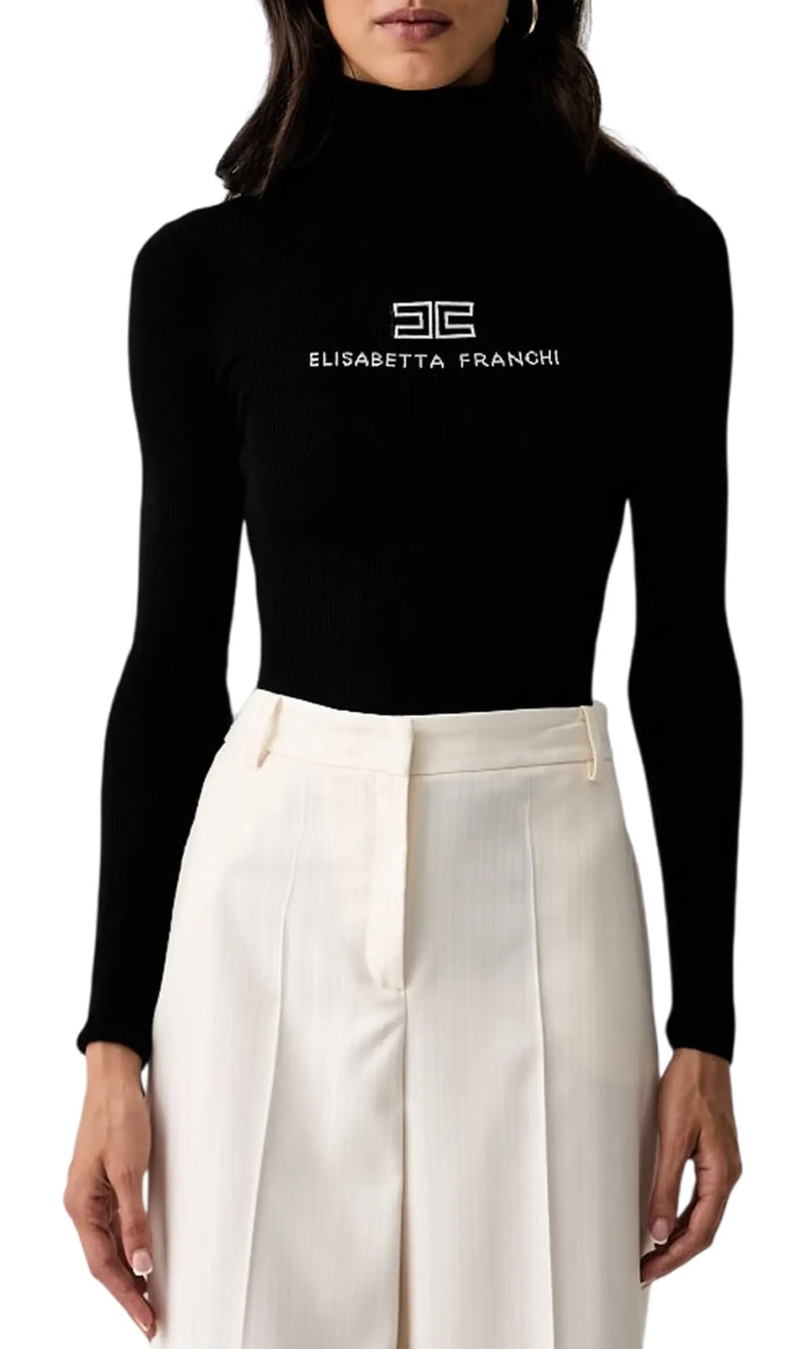 Elisabetta Franchi Dolcevita In Maglia A Costine Nero Mk18B66E2 185092