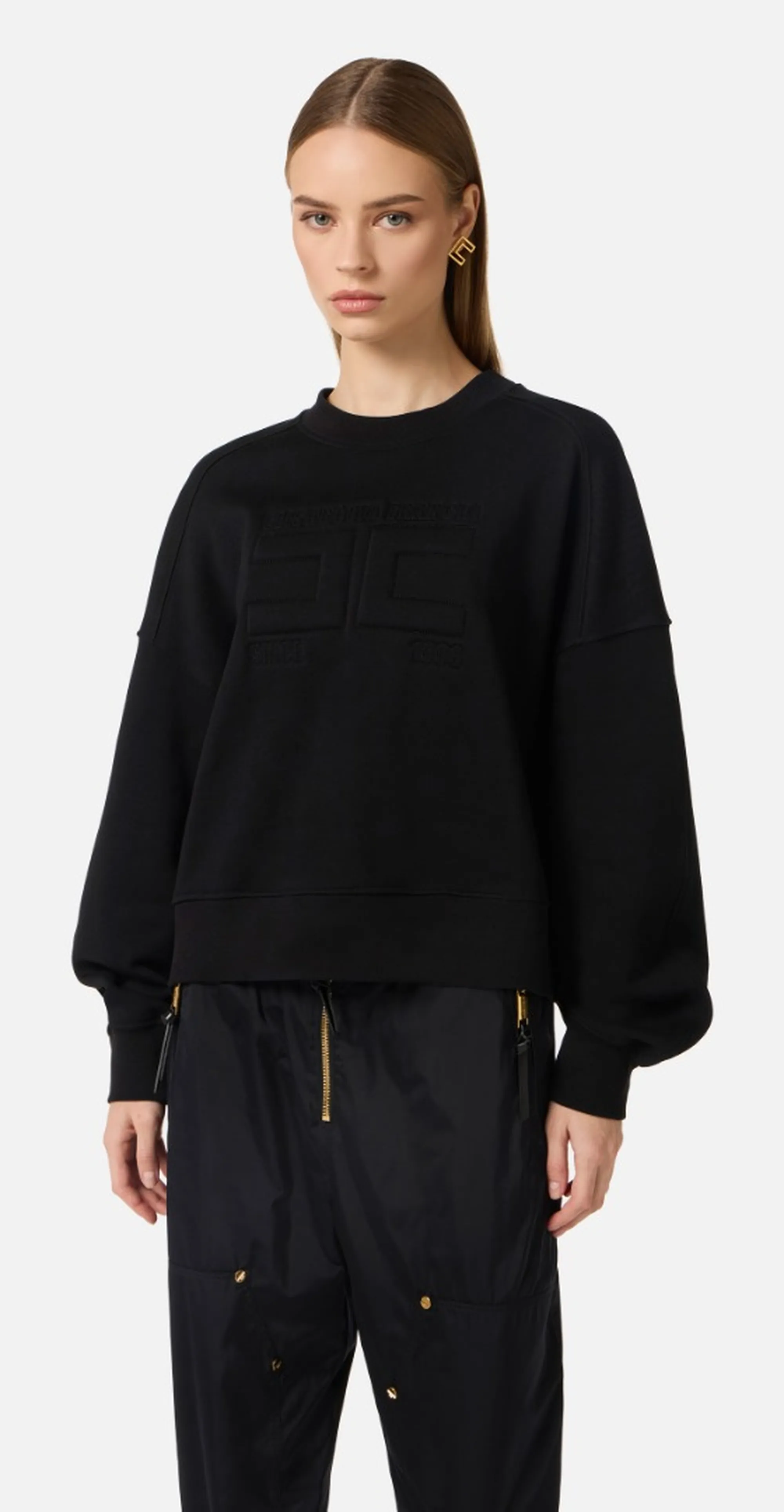 Elisabetta Franchi Felpa In Cotone Con Logo Embossed Nero Md02D61E2 171509