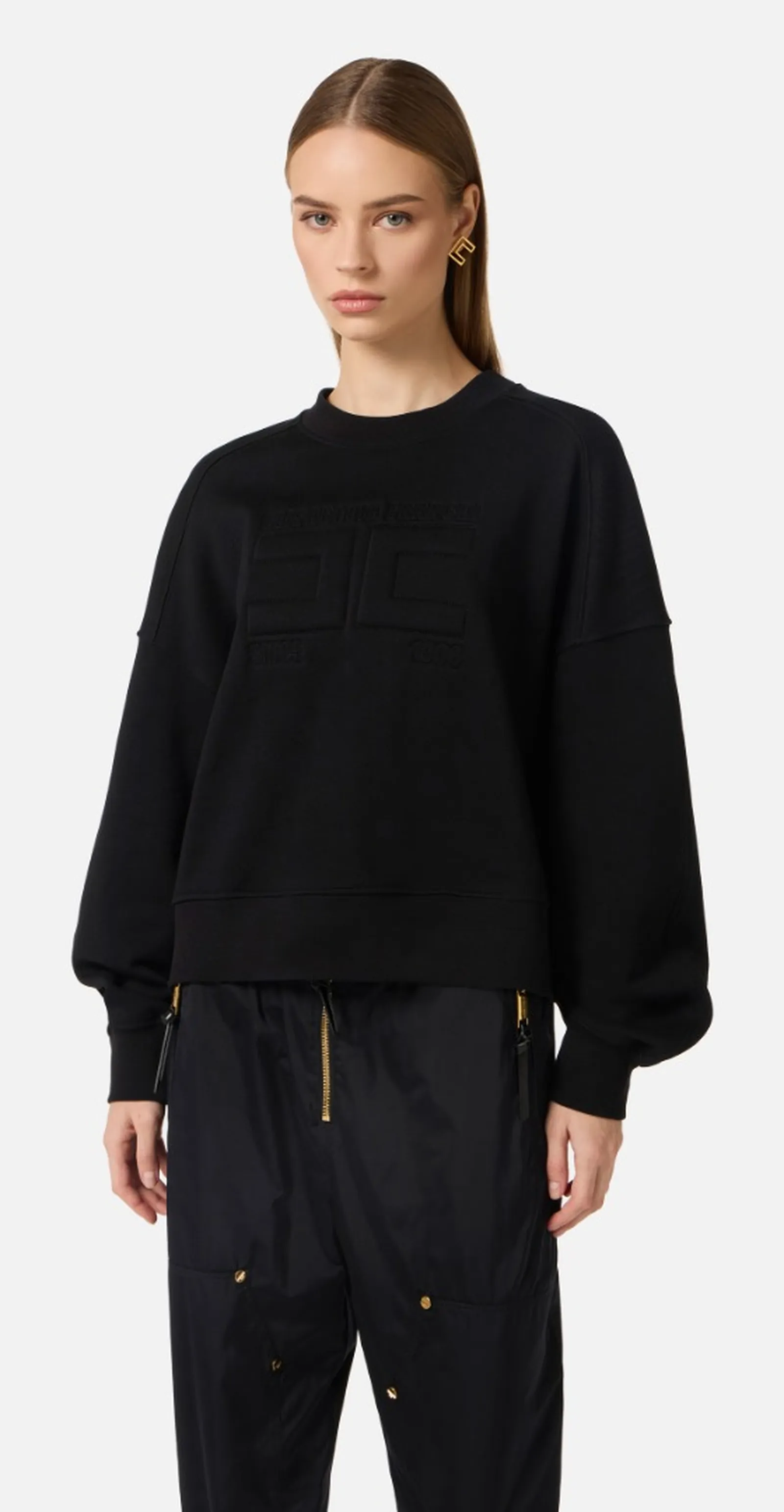 Elisabetta Franchi Felpa In Cotone Con Logo Embossed Nero Md02D61E2 171509