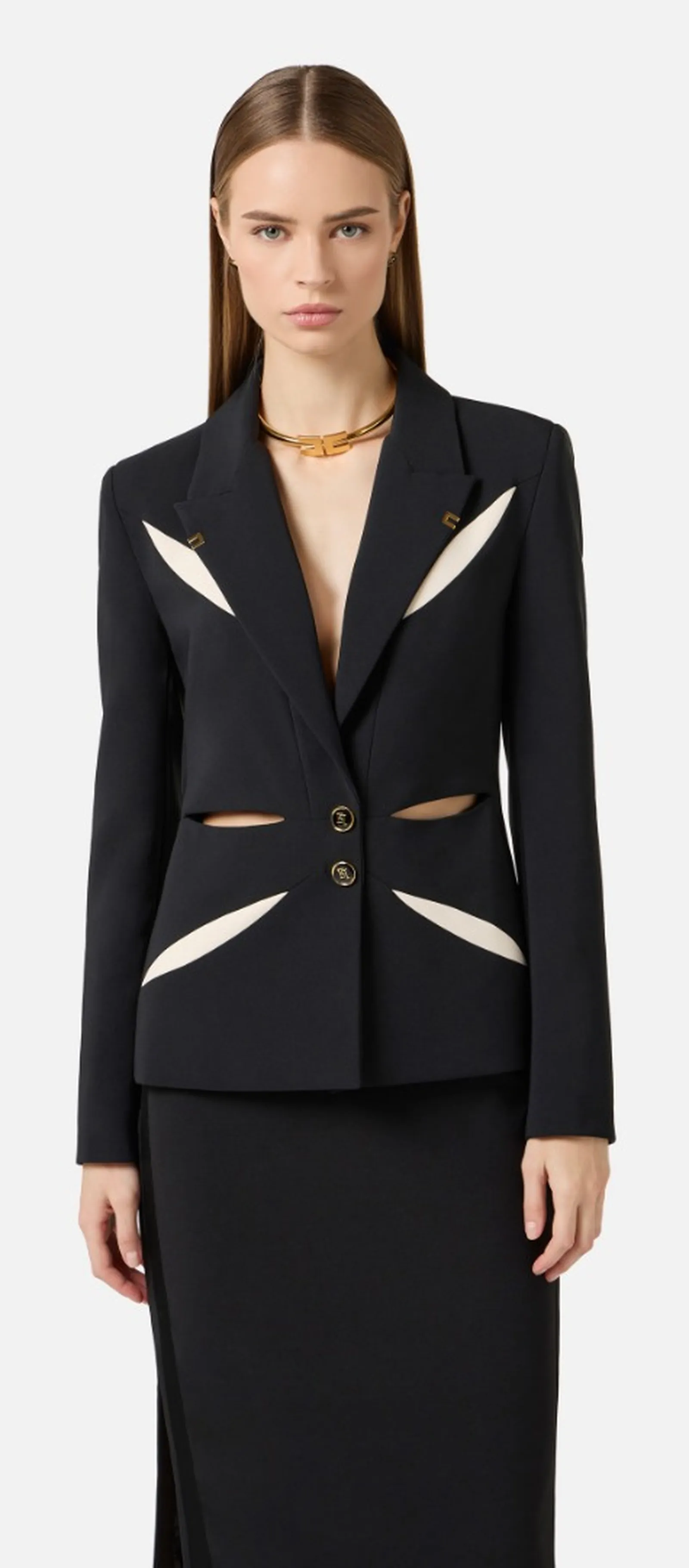 Elisabetta Franchi Giacca In Crepe Leggero Con Cut Out Bicolore Nero Gi19861E2 172247