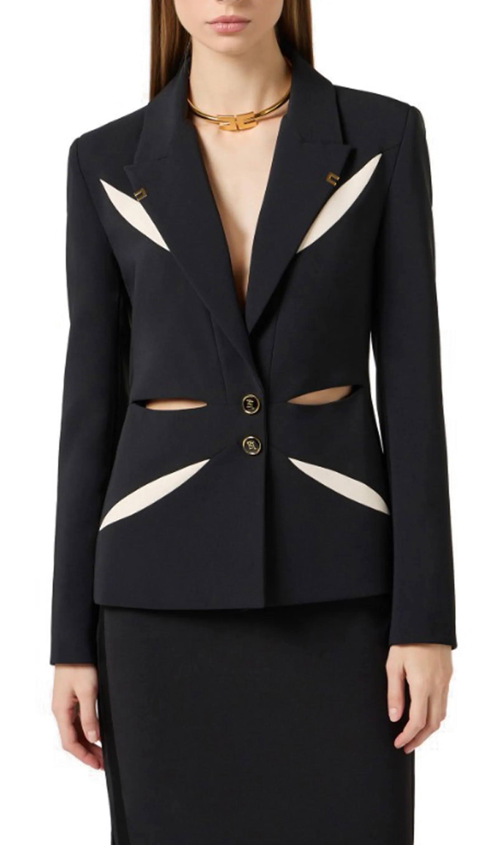Elisabetta Franchi Giacca In Crepe Leggero Con Cut Out Bicolore Nero Gi19861E2 178322