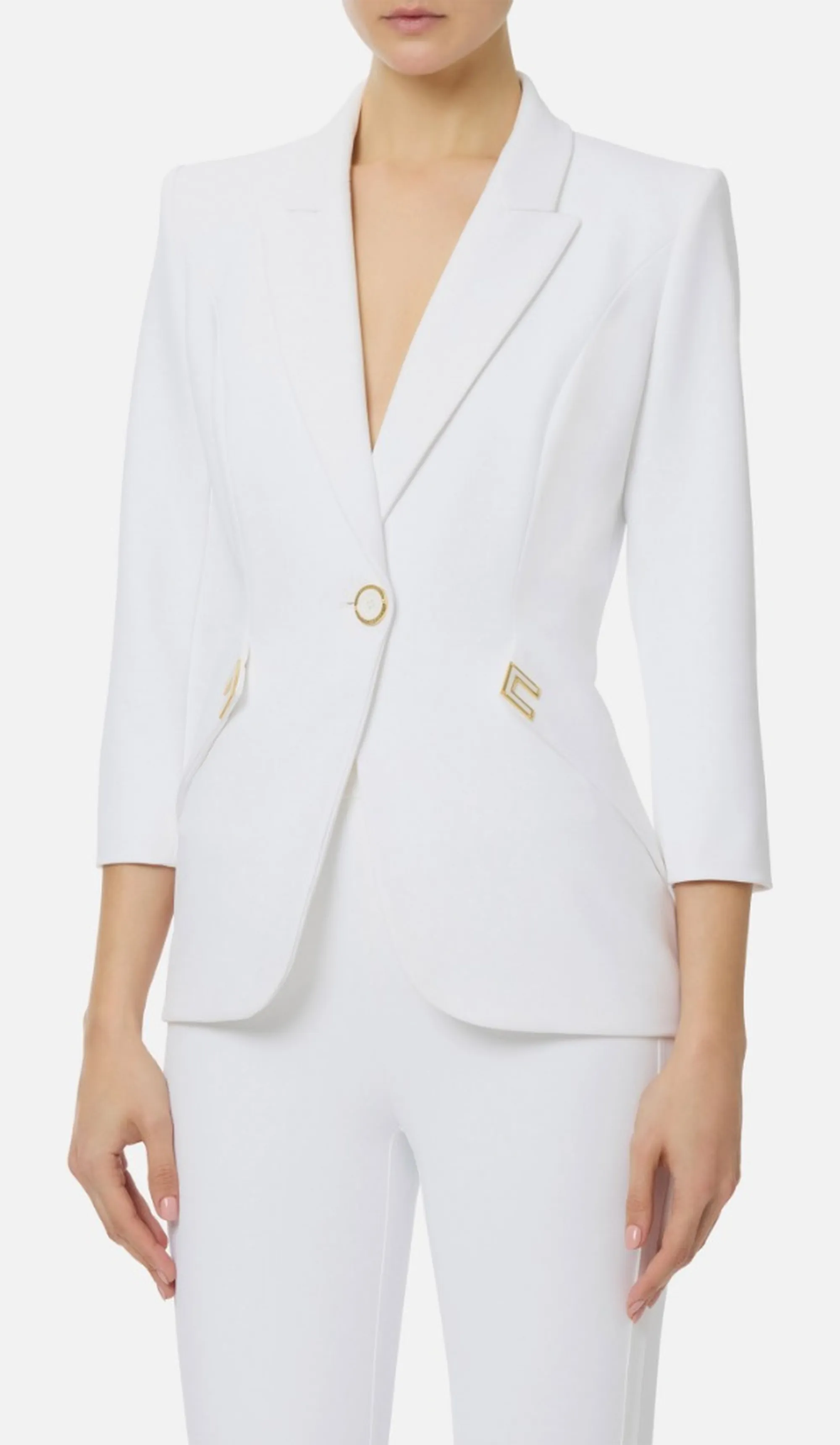 Elisabetta Franchi Giacca In Doppio Crepe Stretch Con Dettagli Logo Avorio Gi21561E2 171630