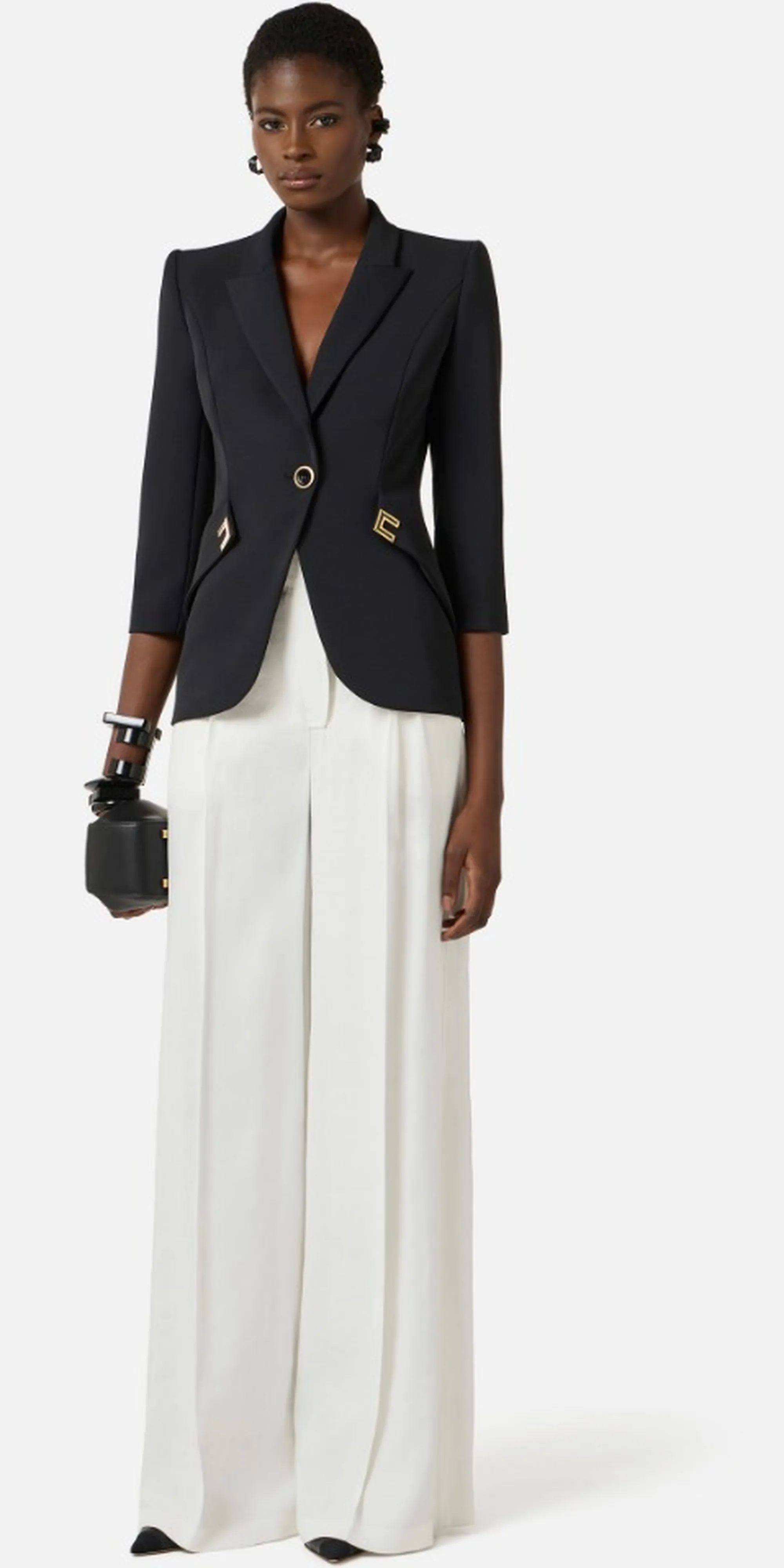 Elisabetta Franchi Giacca In Doppio Crepe Stretch Con Dettagli Logo Nero Gi21561E2 171625