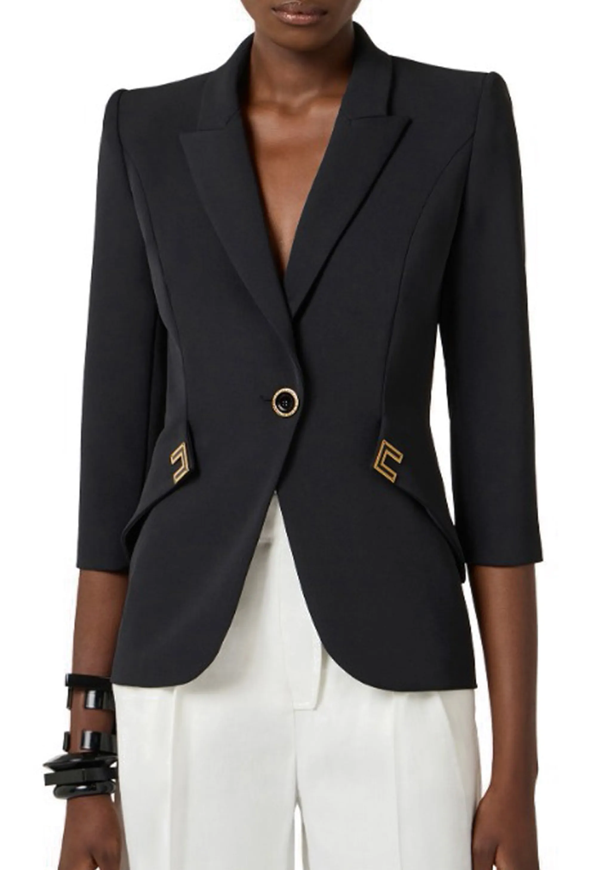 Elisabetta Franchi Giacca In Doppio Crepe Stretch Con Dettagli Logo Nero Gi21561E2 178205