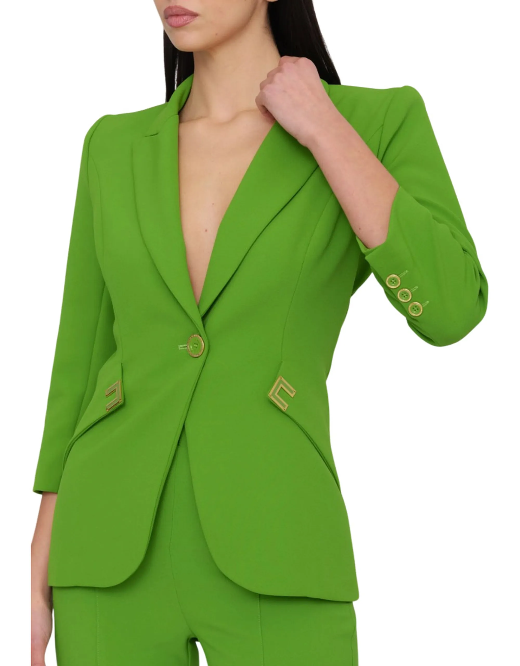 Elisabetta Franchi Giacca In Doppio Crepe Stretch Con Dettagli Logo Verde Gi21561E2 178212