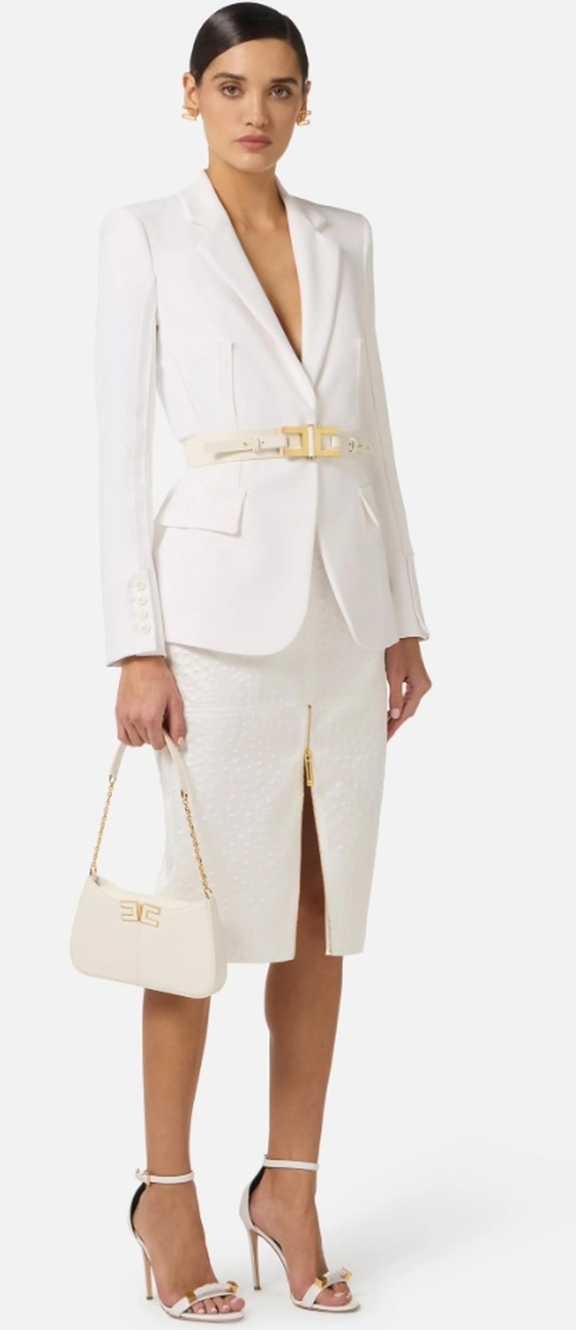 Elisabetta Franchi B'Double Stretch Crepe Jacket With Raw-Cut Patterns' Ivory Gi21661E2 172378