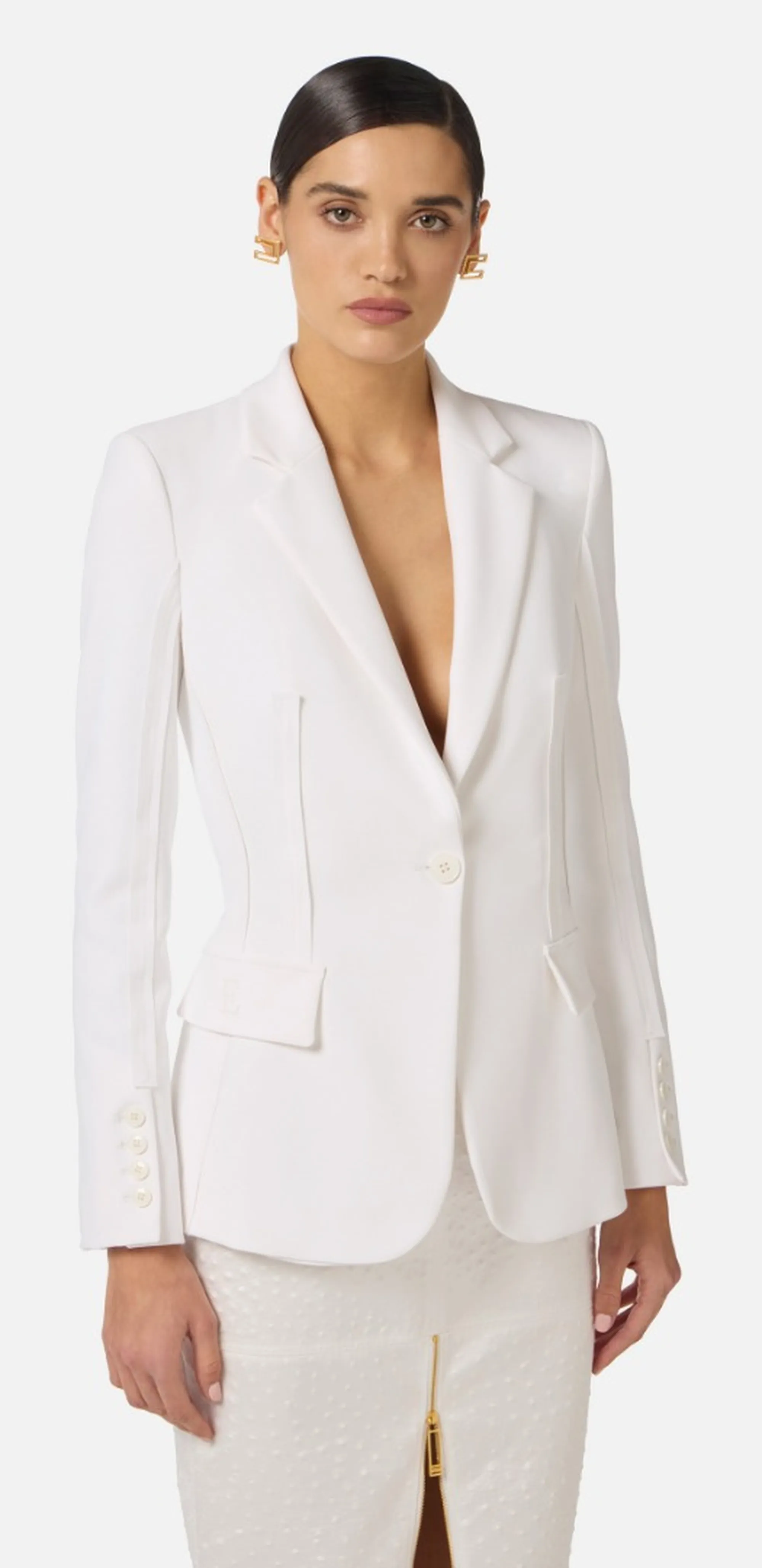 Elisabetta Franchi B'Double Stretch Crepe Jacket With Raw-Cut Patterns' Ivory Gi21661E2 172379