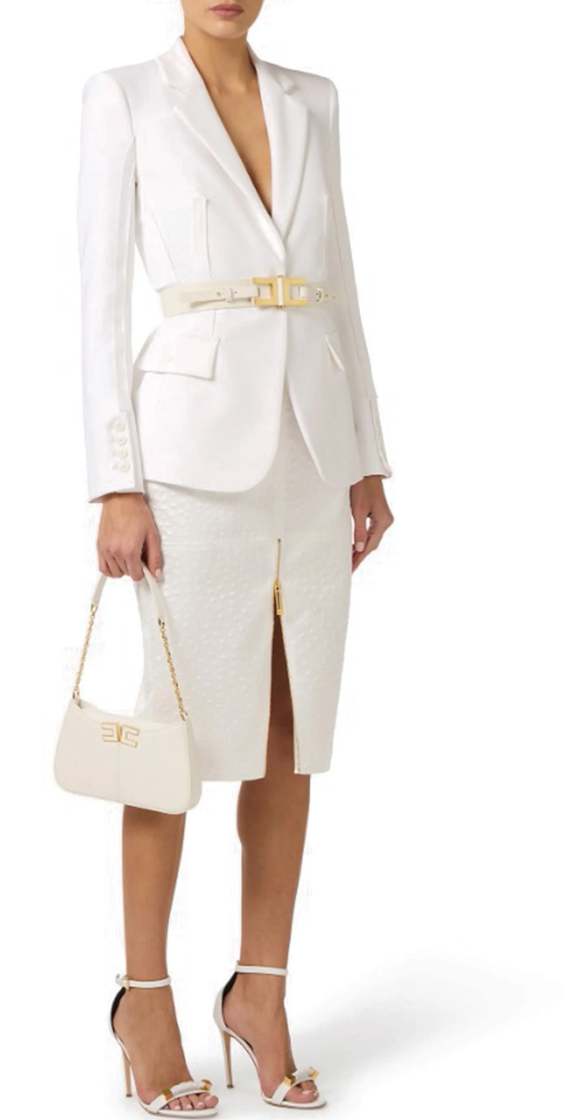 Elisabetta Franchi B'Double Stretch Crepe Jacket With Raw-Cut Patterns' Ivory Gi21661E2 178193