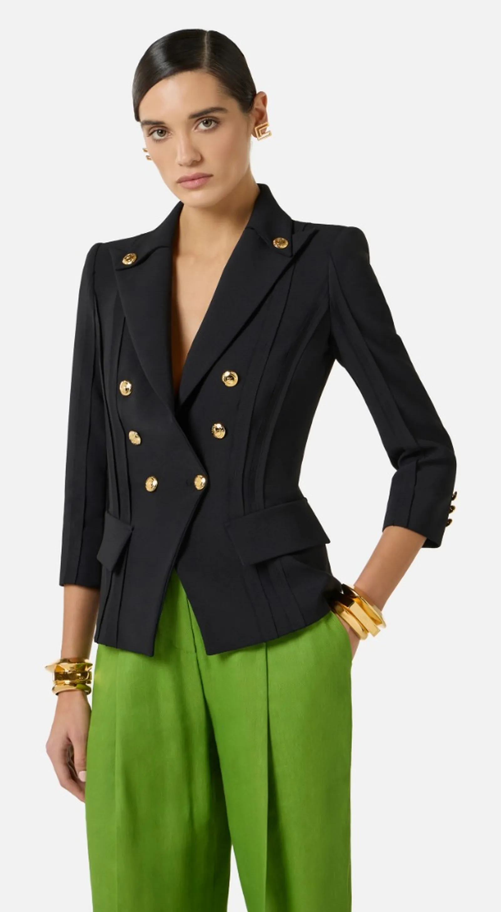 Elisabetta Franchi Giacca In Doppio Crepe Stretch Con Motivi A Taglio Vivo Nero Gi21861E2 172384