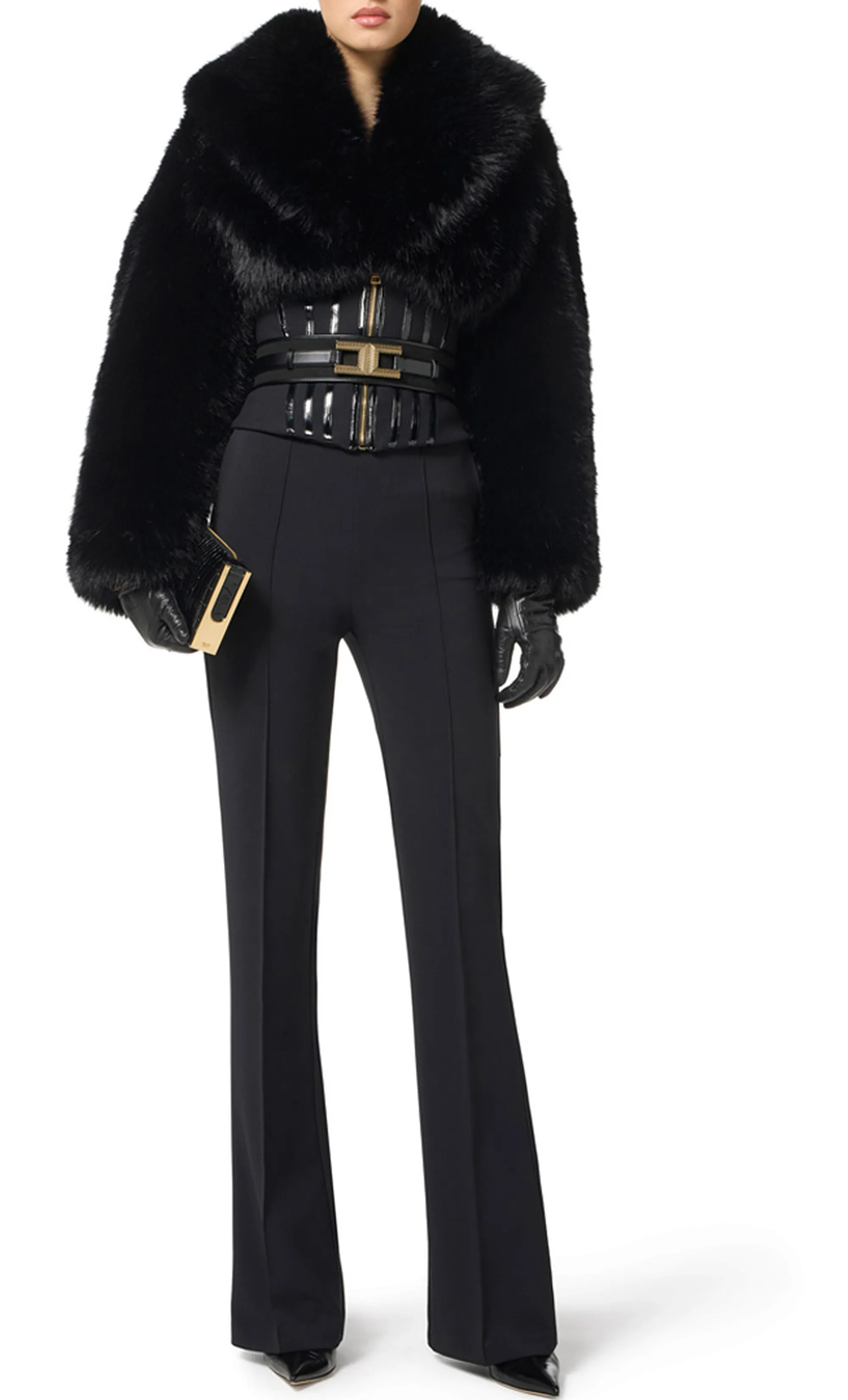 Elisabetta Franchi B'Jacket With Fur Effect And Double Crepe' Black Gb05A57E2 160244