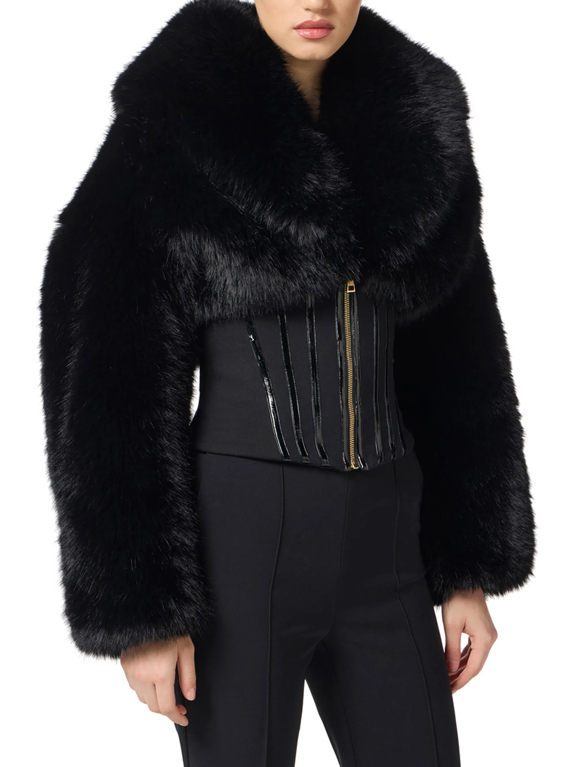 Elisabetta Franchi B'Jacket With Fur Effect And Double Crepe' Black Gb05A57E2 165434