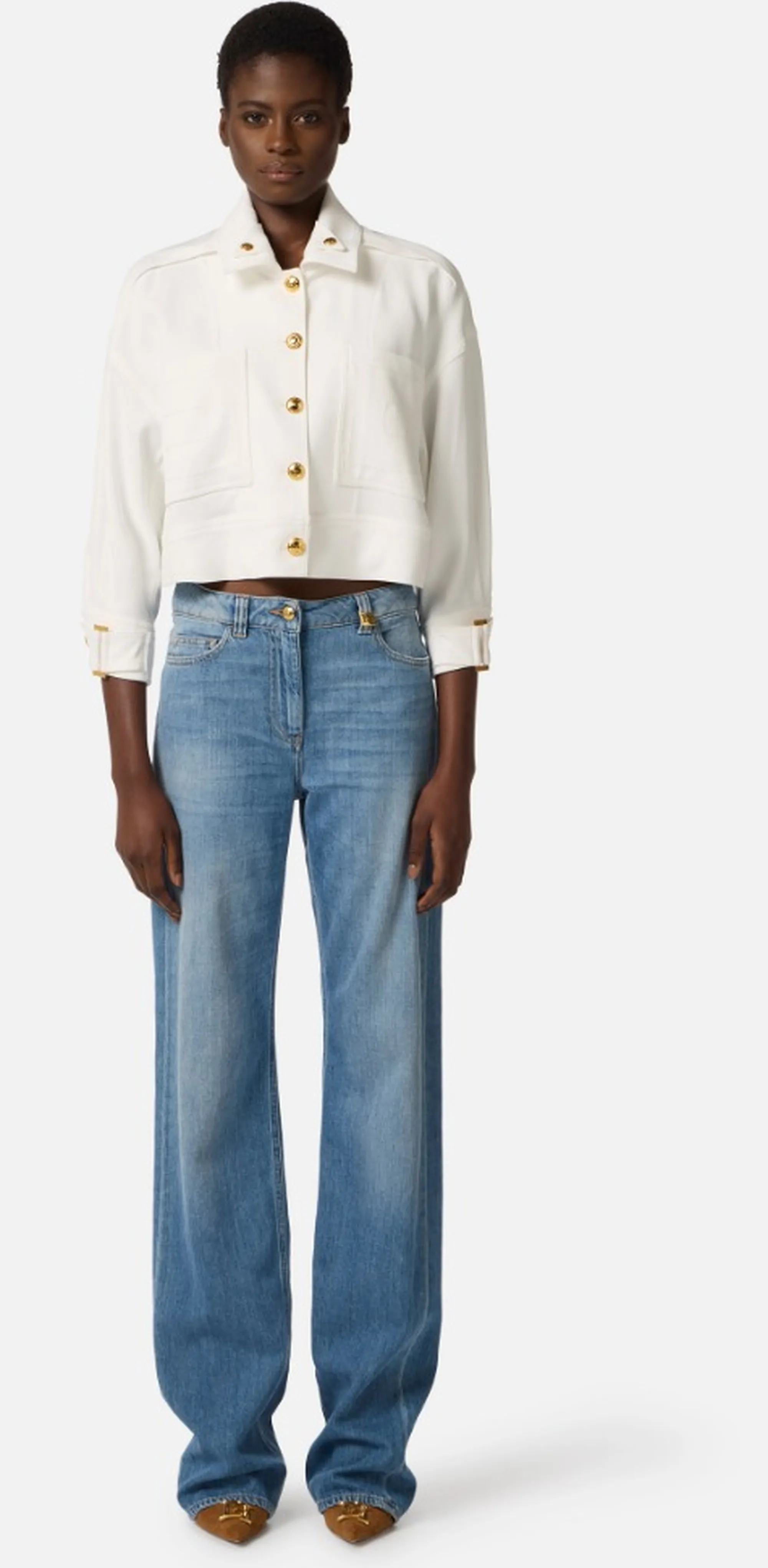 Elisabetta Franchi Giubbino In Gabardina Con Bottoni Gioiello Avorio Gb00561E2 171490