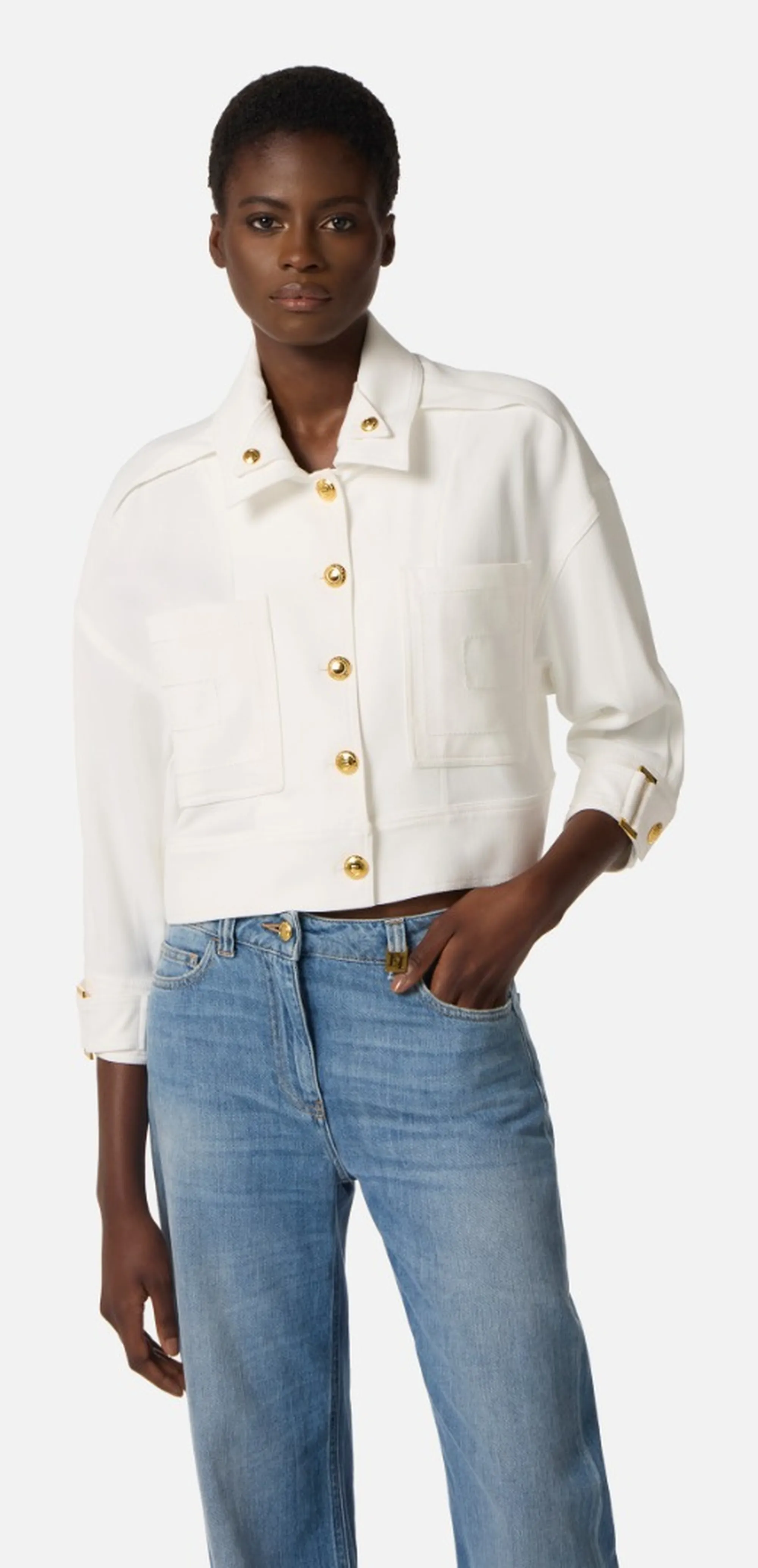 Elisabetta Franchi Giubbino In Gabardina Con Bottoni Gioiello Avorio Gb00561E2 171491