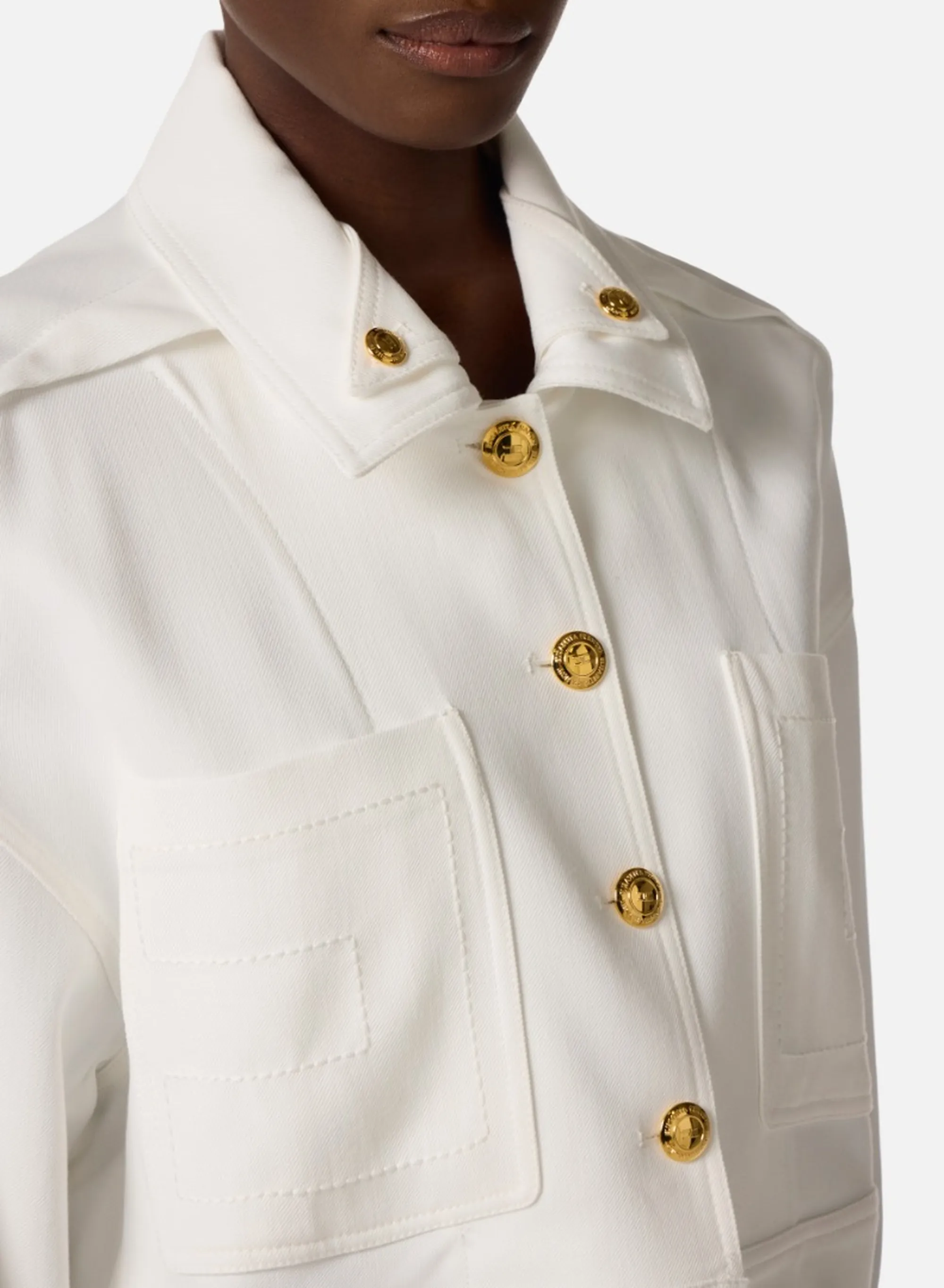 Elisabetta Franchi Giubbino In Gabardina Con Bottoni Gioiello Avorio Gb00561E2 171492