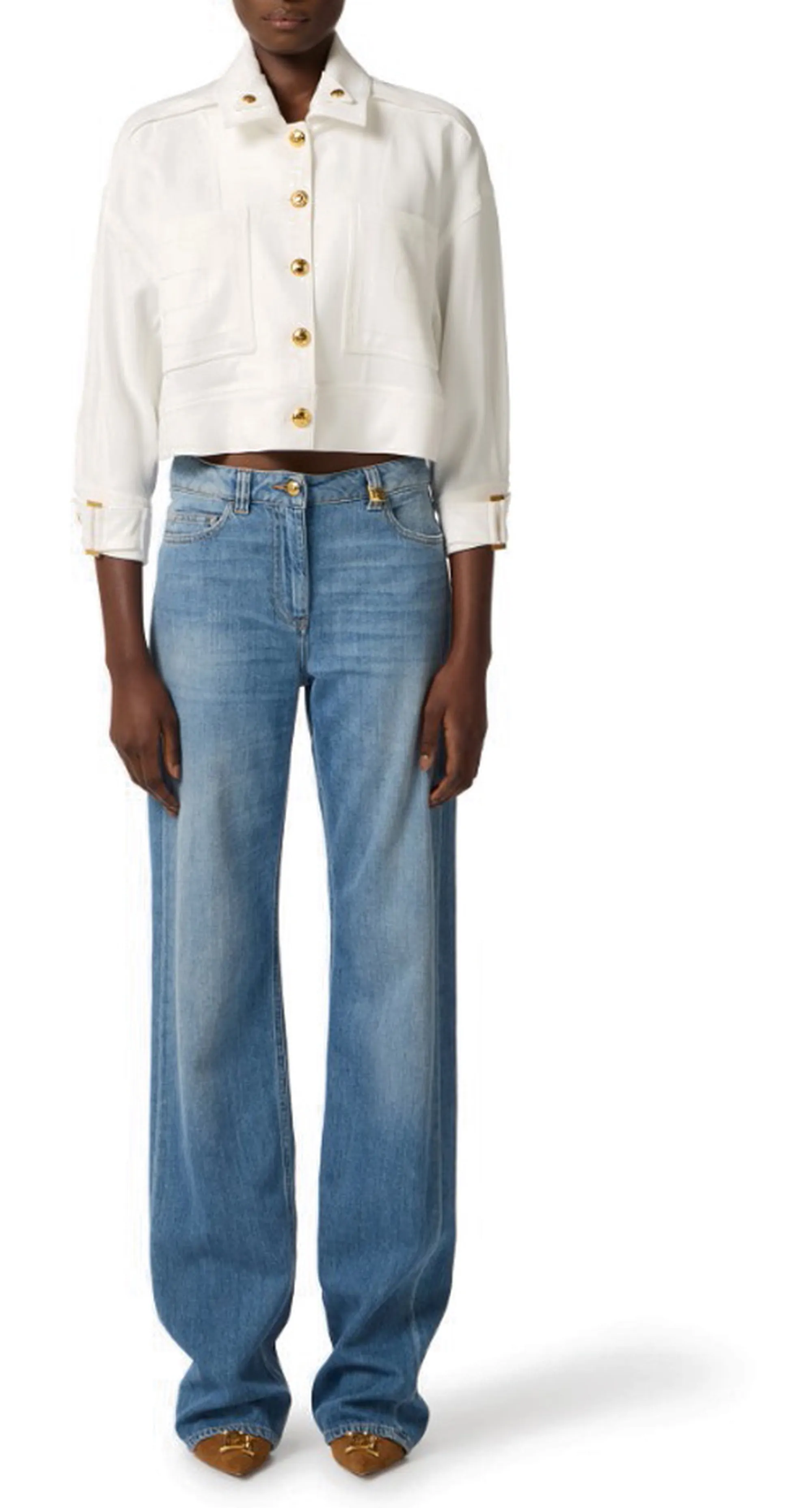 Elisabetta Franchi Giubbino In Gabardina Con Bottoni Gioiello Avorio Gb00561E2 178327