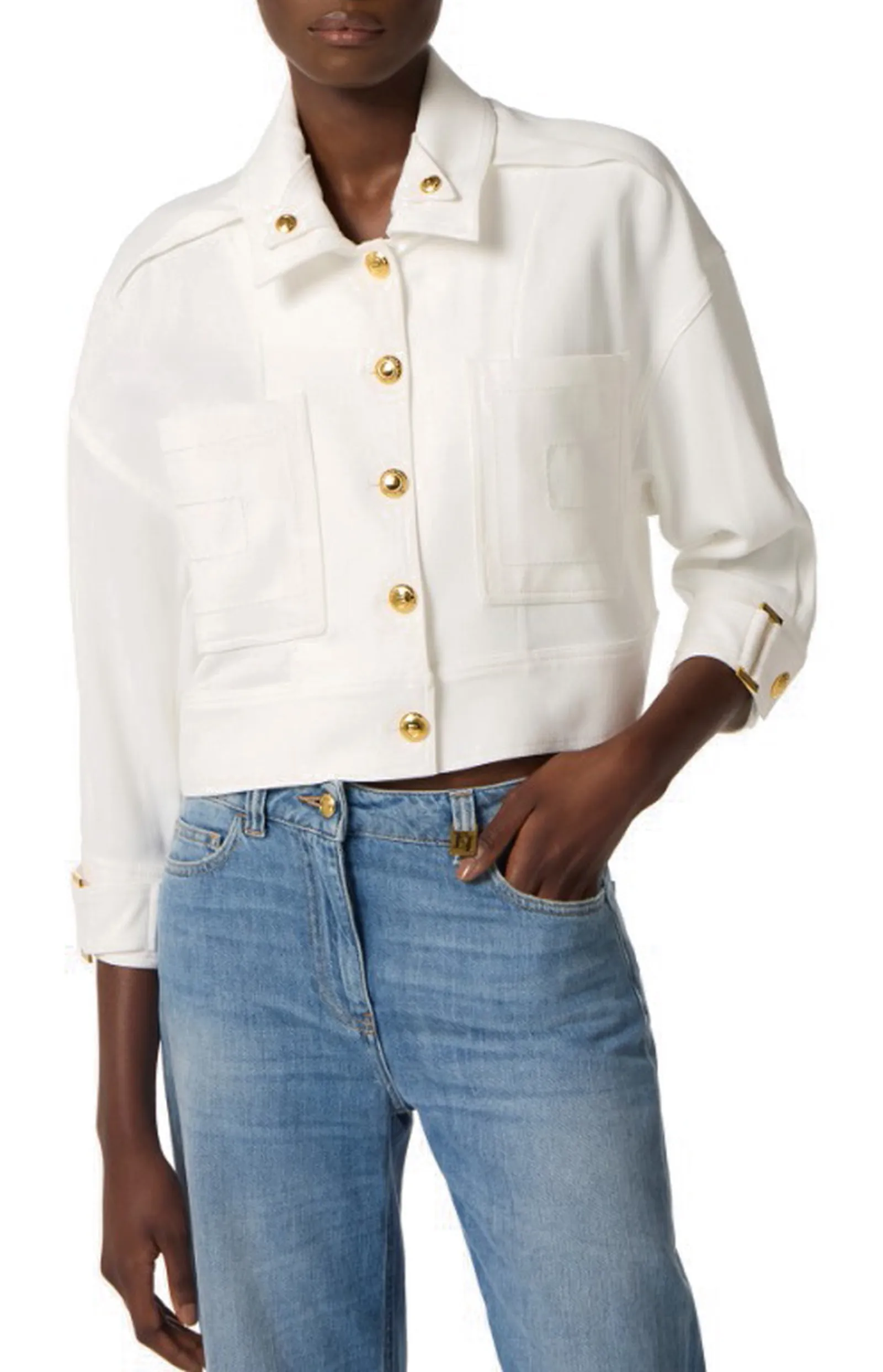 Elisabetta Franchi Giubbino In Gabardina Con Bottoni Gioiello Avorio Gb00561E2 178328