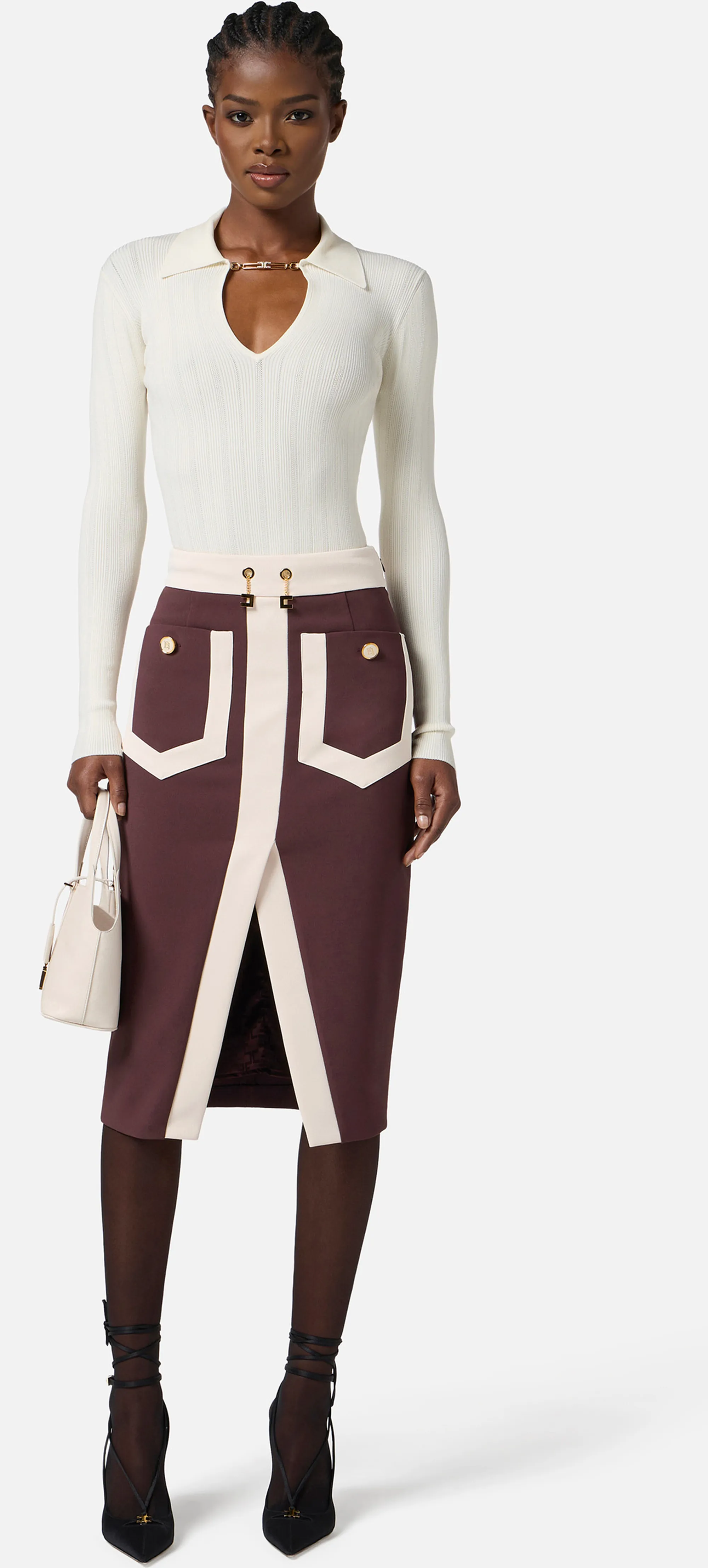 Elisabetta Franchi B'Color Block Skirt In Double Stretch Crepe' Merlot Got0156E2 153134