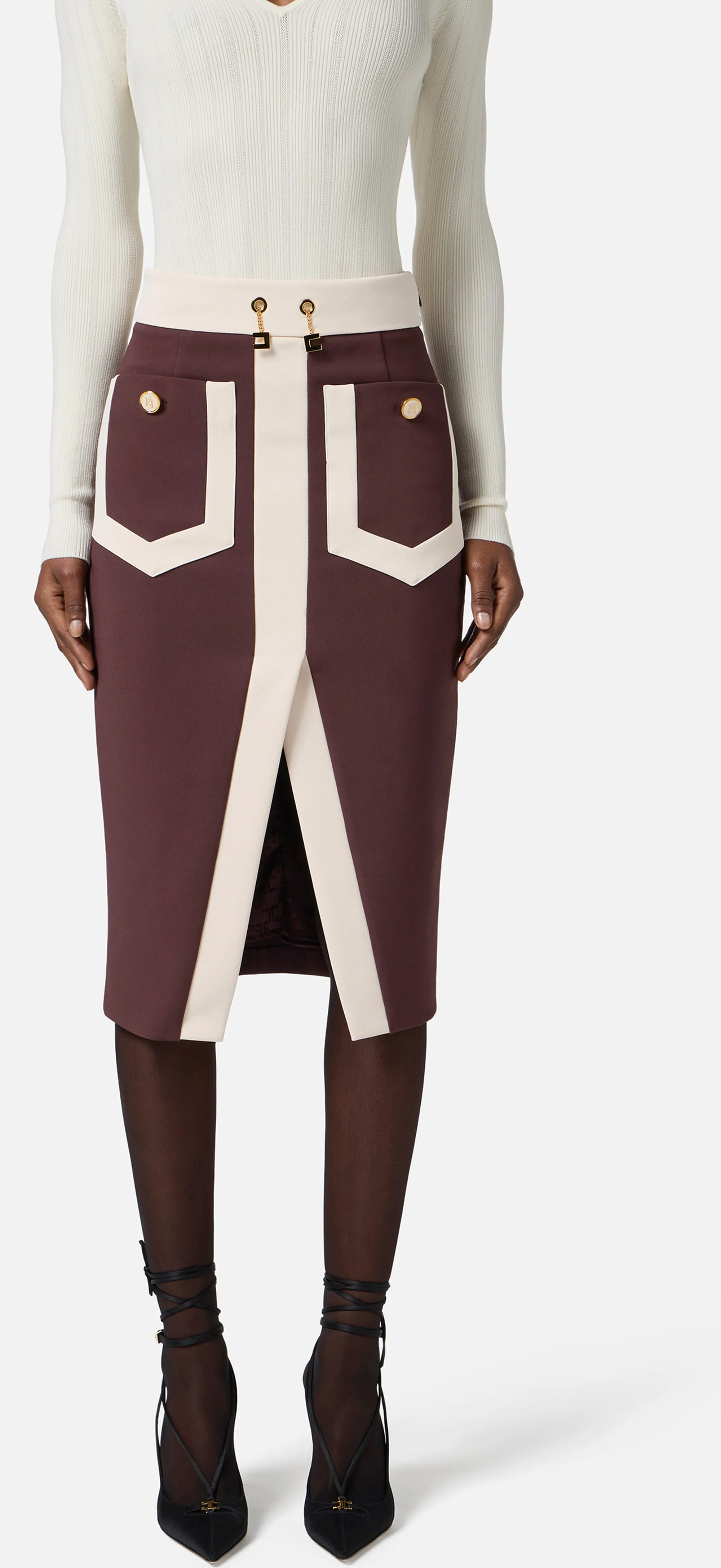 Elisabetta Franchi B'Color Block Skirt In Double Stretch Crepe' Merlot Got0156E2 153136