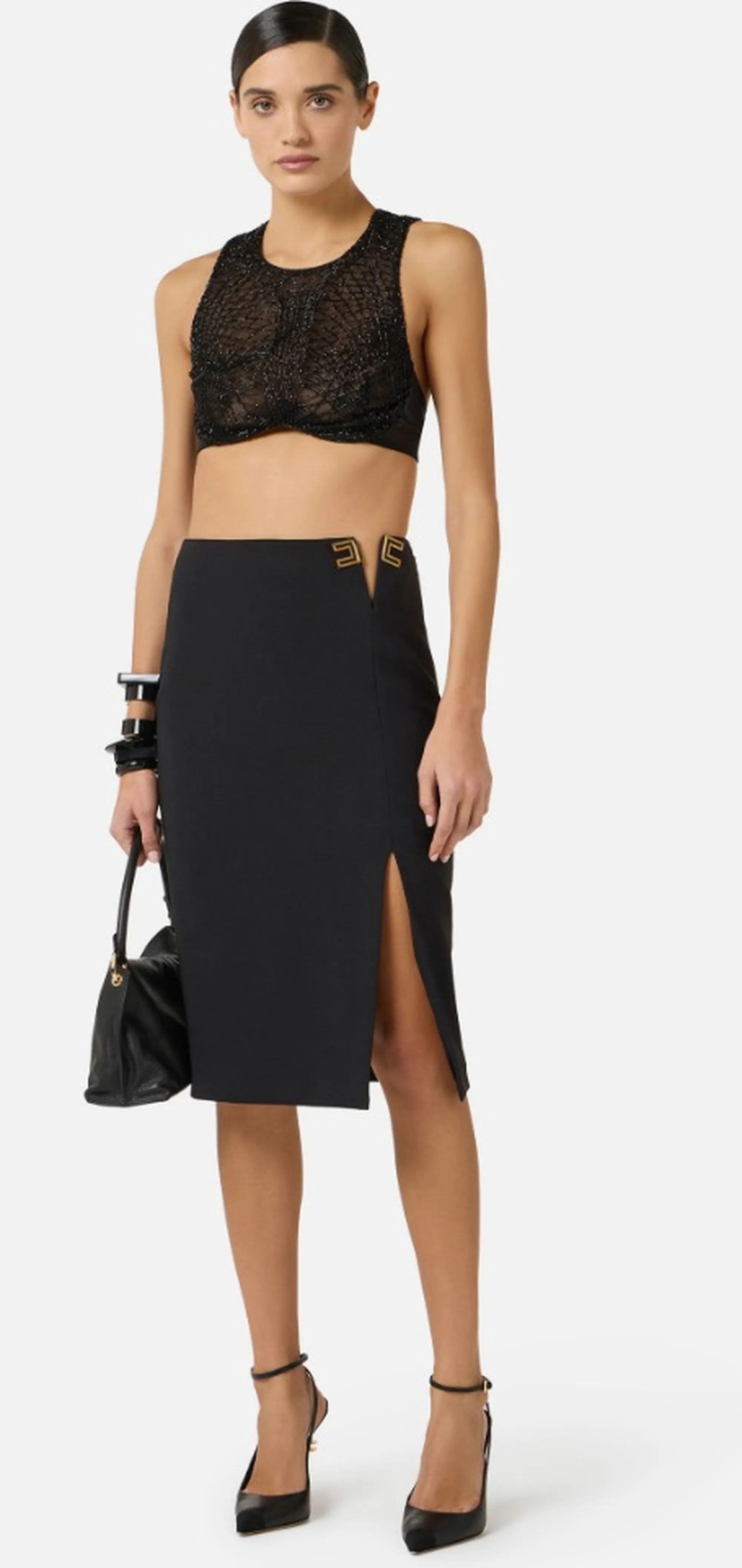 Elisabetta Franchi B'Double Stretch Crepe Skirt With Logo Details' Black Go14761E2 172403