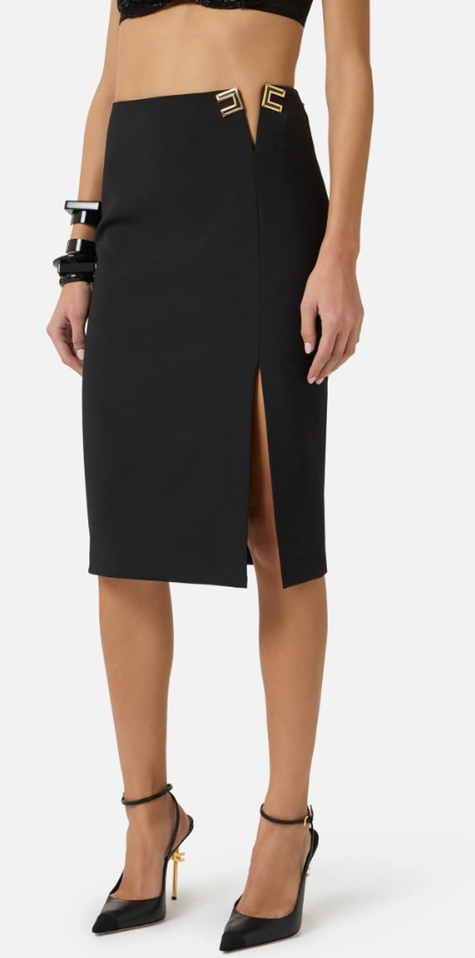 Elisabetta Franchi Gonna In Doppio Crepe Stretch Con Dettagli Logo Nero Go14761E2 172404