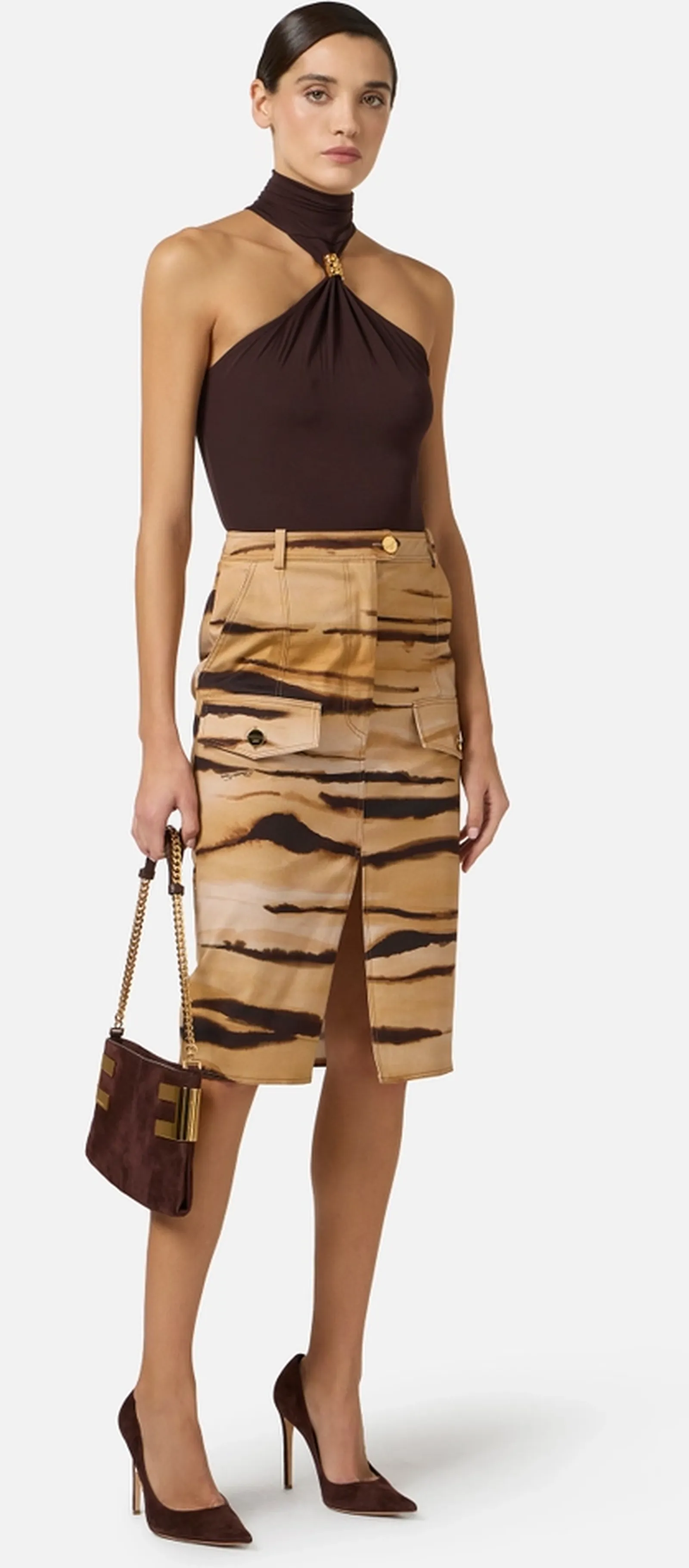 Elisabetta Franchi Gonna In Drill Con Stampa Tigre Cammello Go18362E2 177955