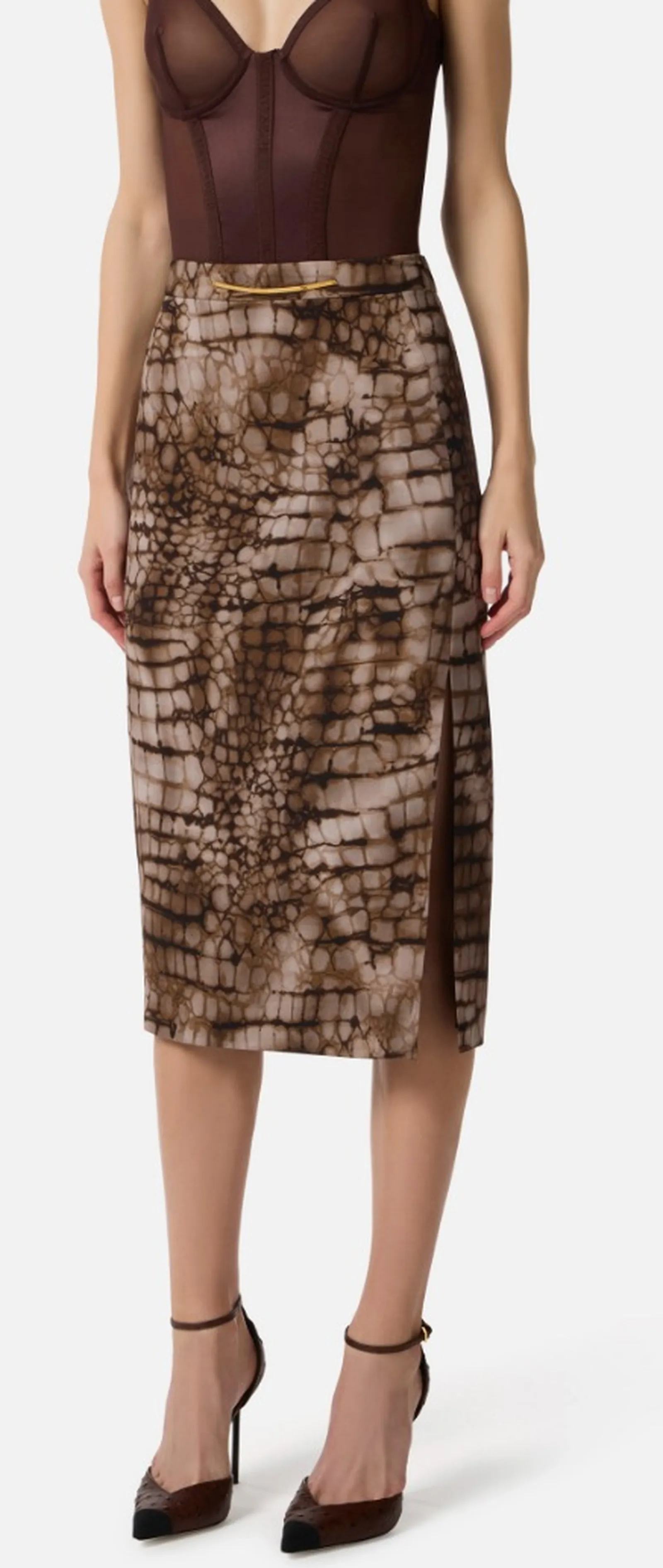 Elisabetta Franchi Gonna In Jersey Leggero Con Stampa Alligatore Cacao Go14961E2 172258