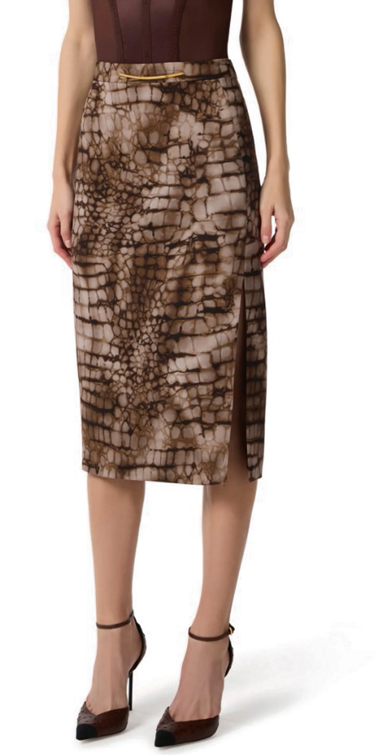 Elisabetta Franchi Gonna In Jersey Leggero Con Stampa Alligatore Cacao Go14961E2 178153