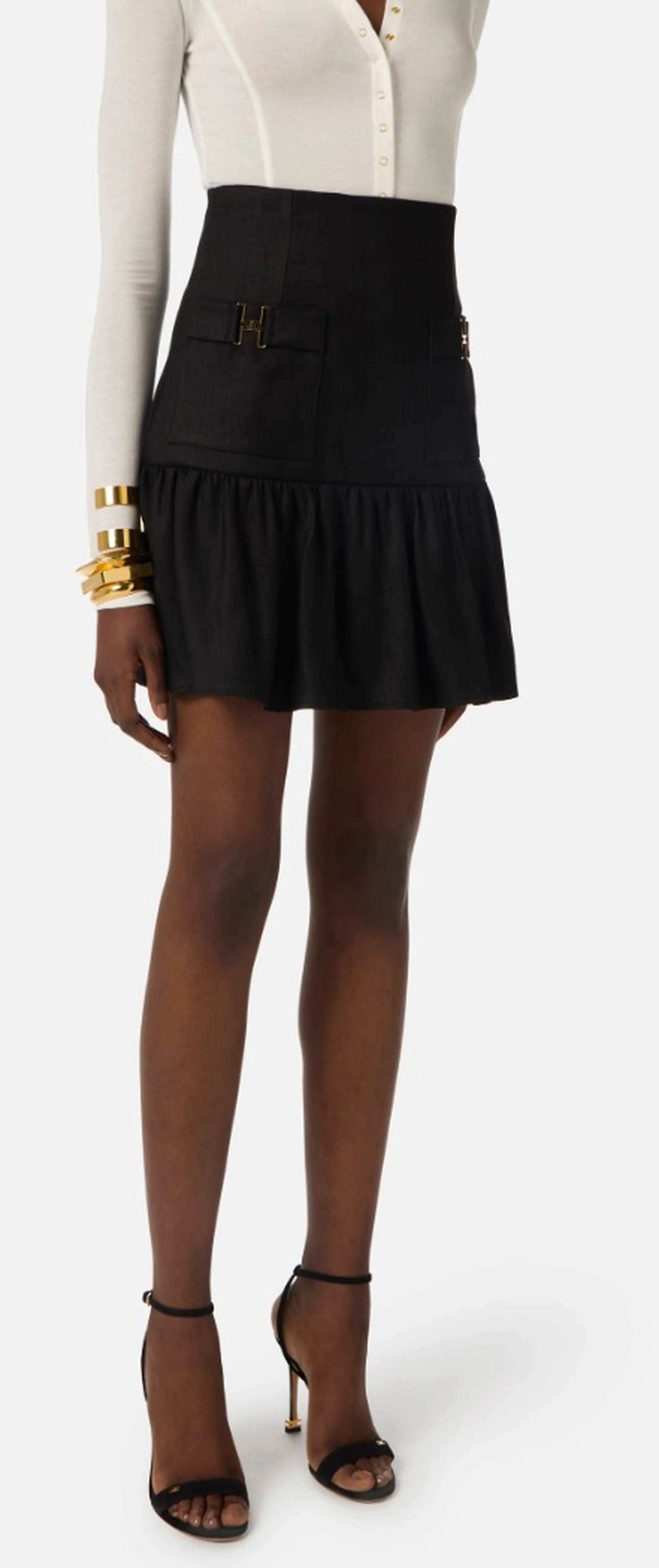 Elisabetta Franchi Gonna In Misto Lino Con Dettagli Gioiello Nero Go18662E2 171407