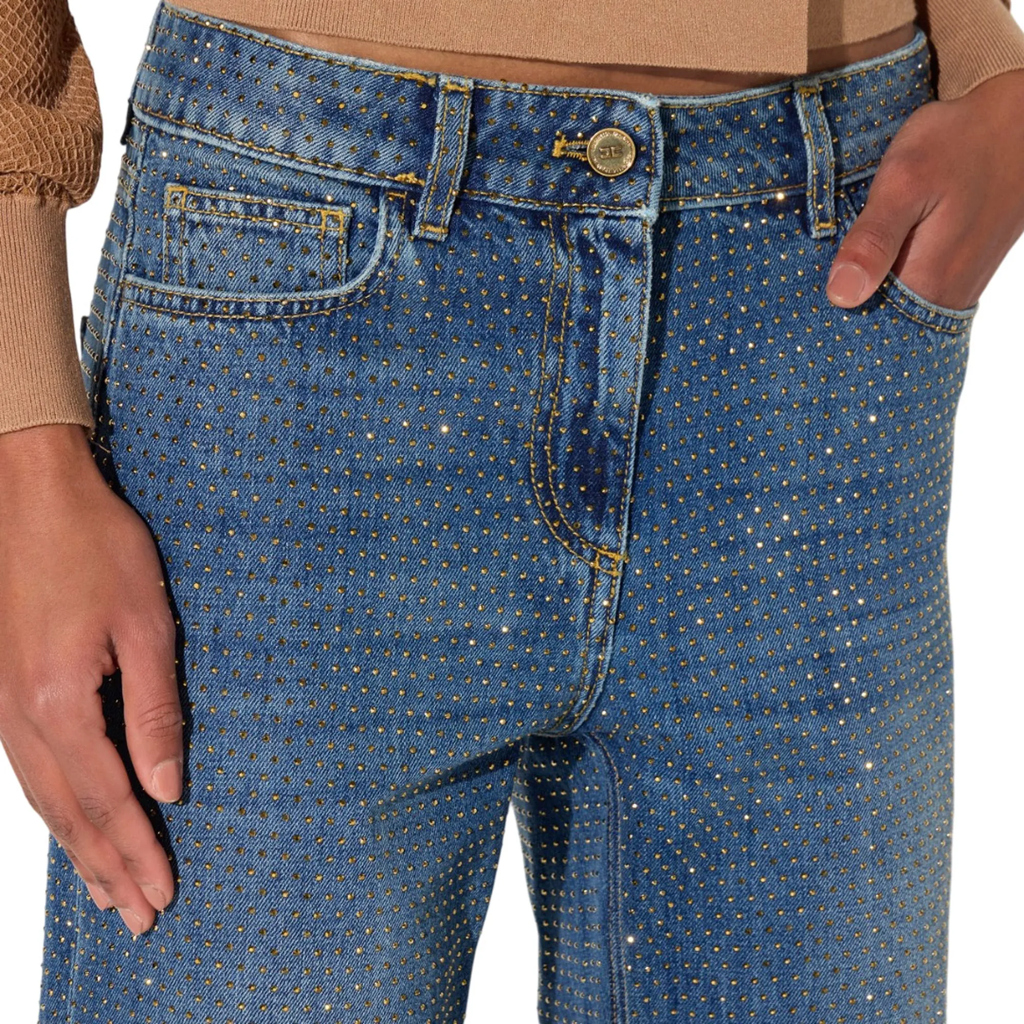 Elisabetta Franchi Jeans A Palazzo Con Strass Denim Pj24D66E2 184975
