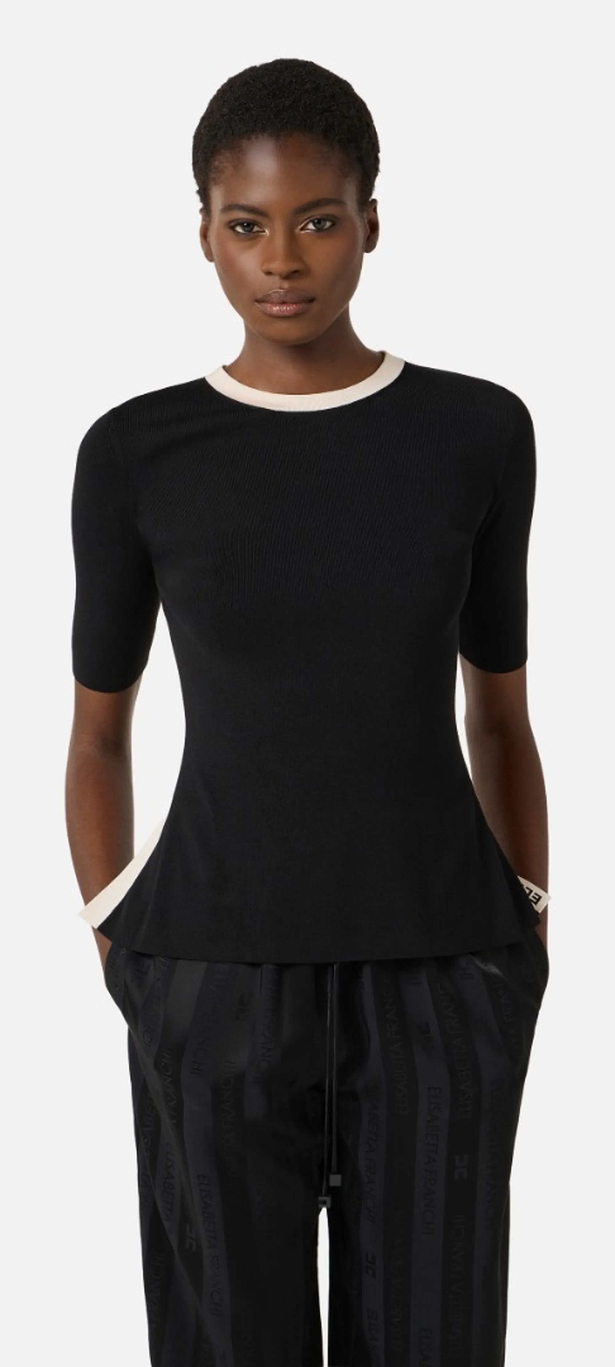 Elisabetta Franchi Maglia Con Bande In Viscosa Lucida Nero Mk67S61E2 171564