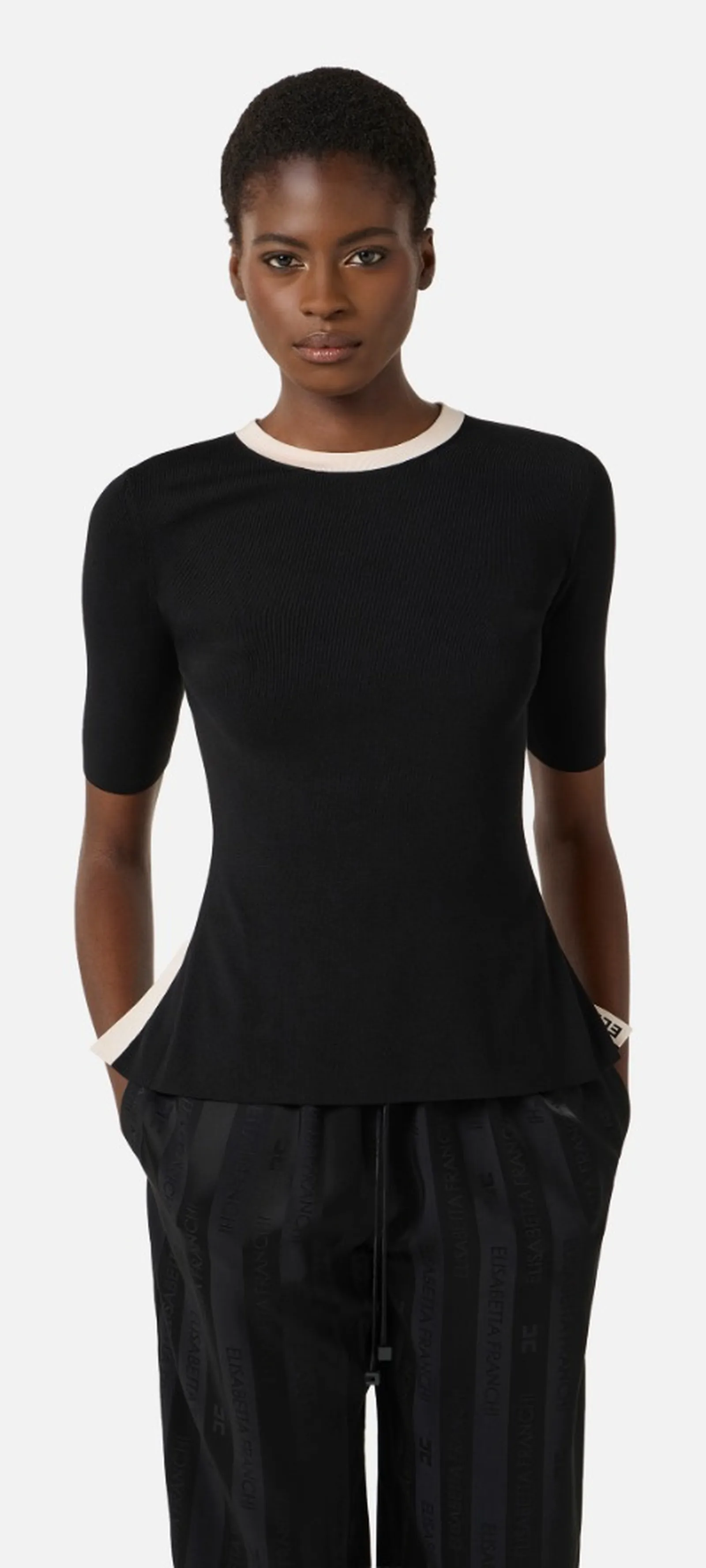 Elisabetta Franchi Maglia Con Bande In Viscosa Lucida Nero Mk67S61E2 171564