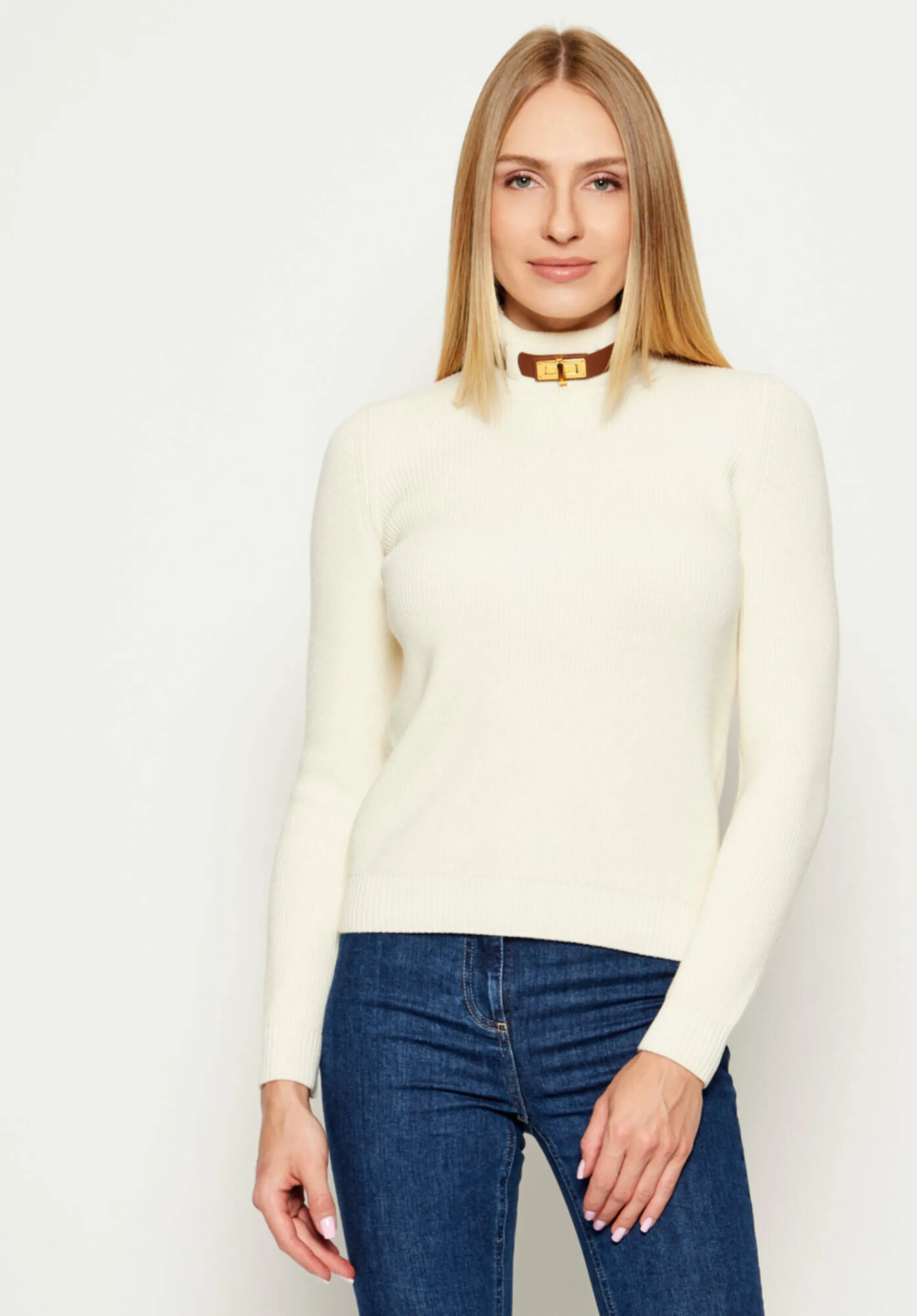 Elisabetta Franchi Maglia In Misto Lana Con Cinturino Gioiello Milk Mk05S56E2 153316