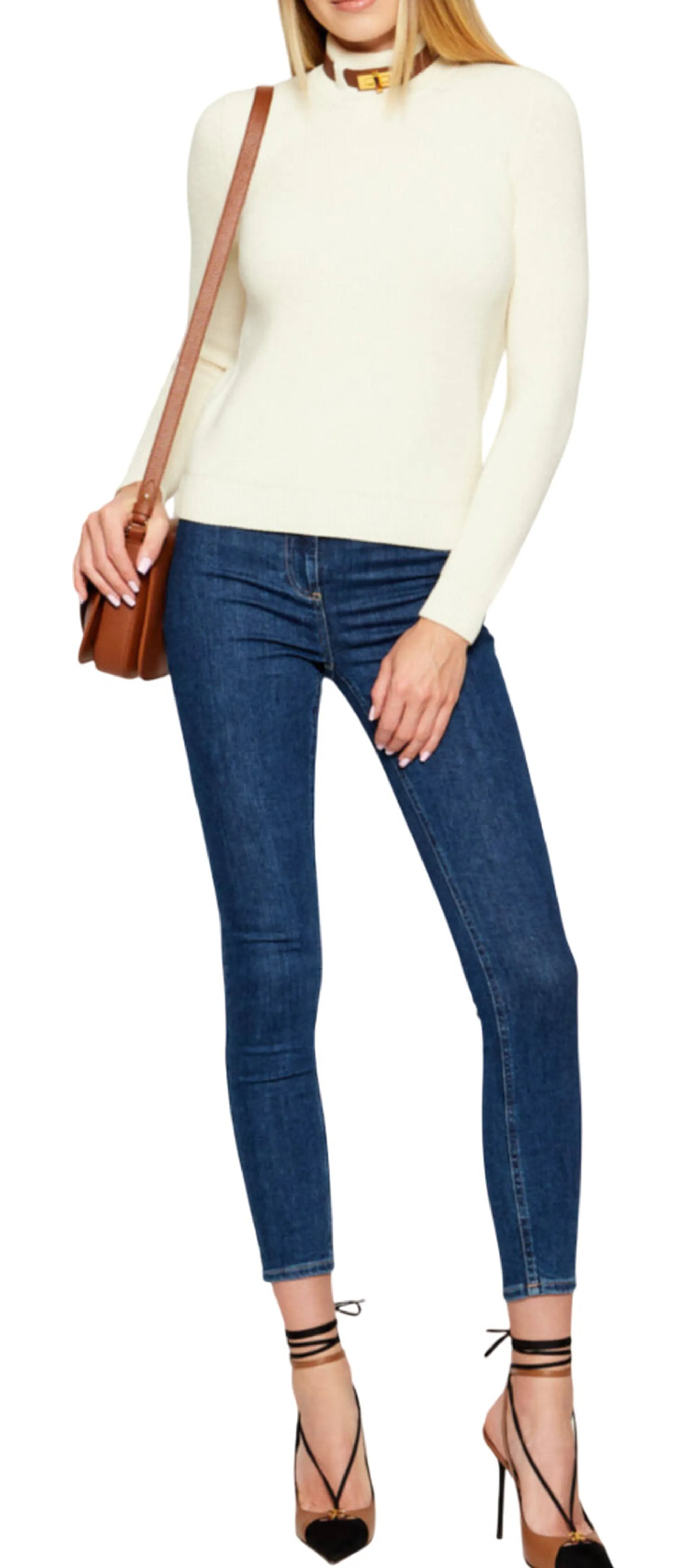 Elisabetta Franchi Maglia In Misto Lana Con Cinturino Gioiello Milk Mk05S56E2 153587