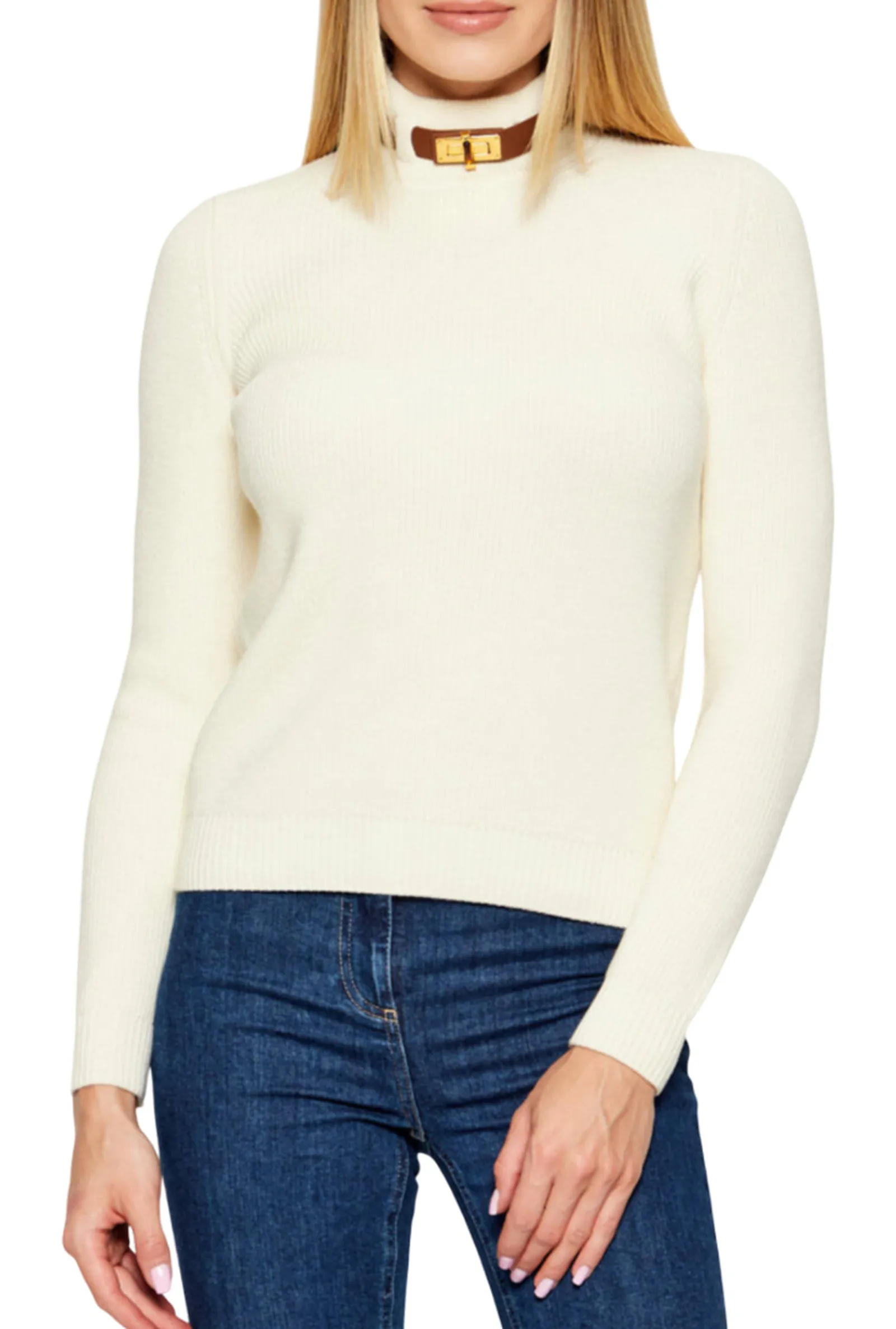 Elisabetta Franchi Maglia In Misto Lana Con Cinturino Gioiello Milk Mk05S56E2 153590