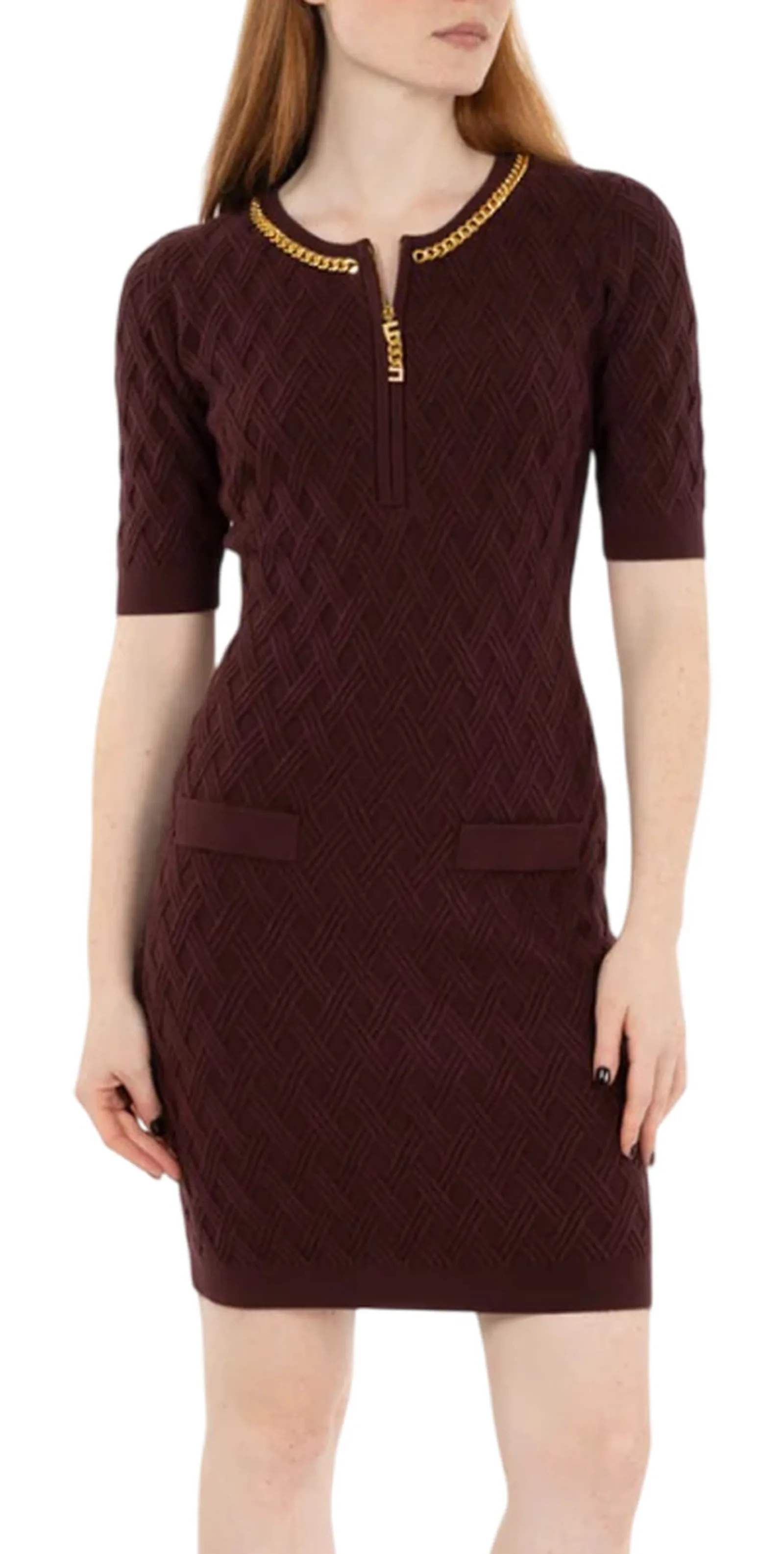 Elisabetta Franchi Mini Abito In Maglia A Rombi Con Dettaglio Gioiello Merlot Am20B56E2 157549