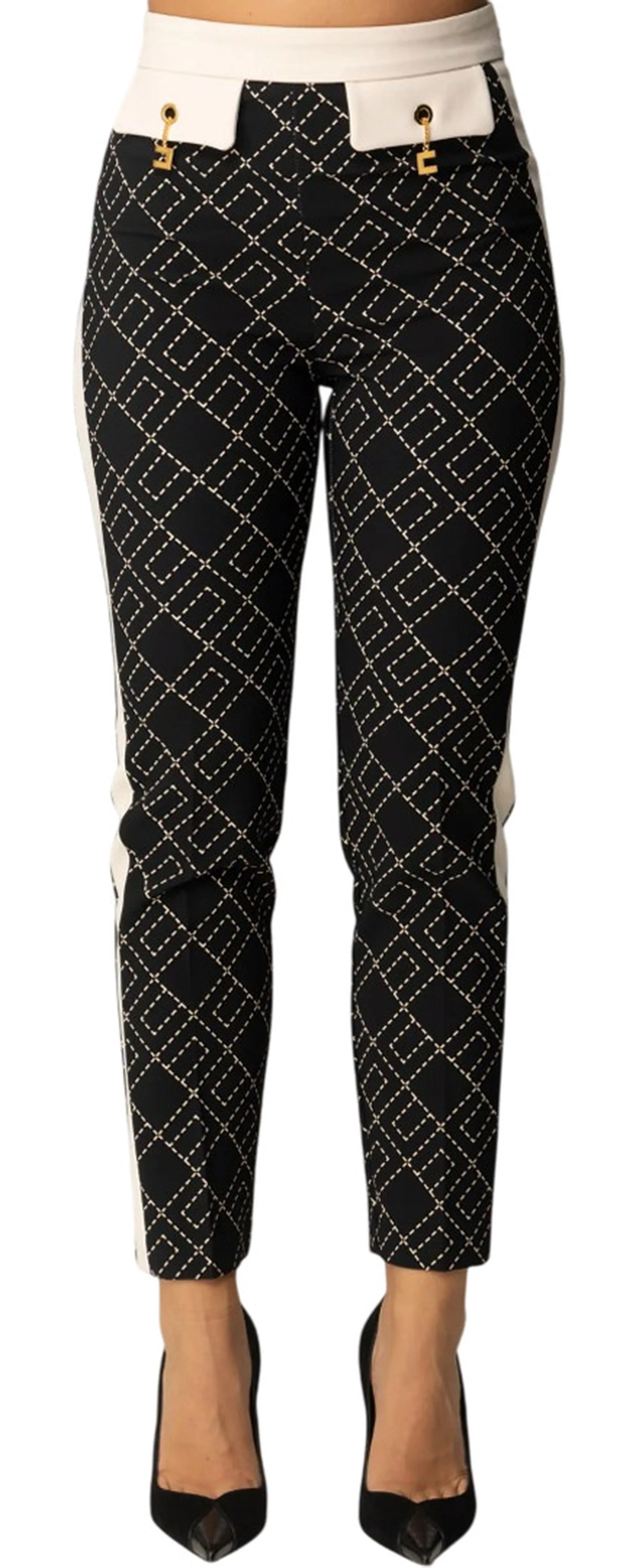 Elisabetta Franchi B'Two-Tone Double Crepe Trousers With Print' Black Pas0156E2 167168