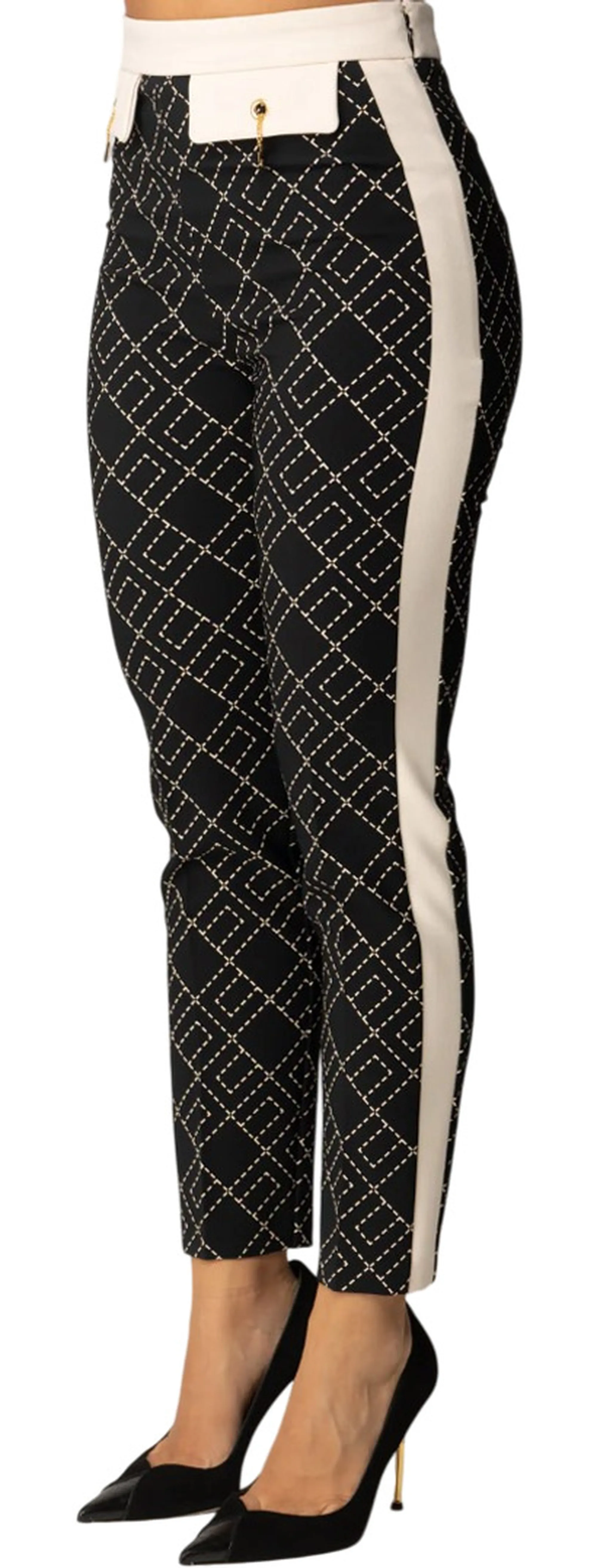 Elisabetta Franchi B'Two-Tone Double Crepe Trousers With Print' Black Pas0156E2 167170