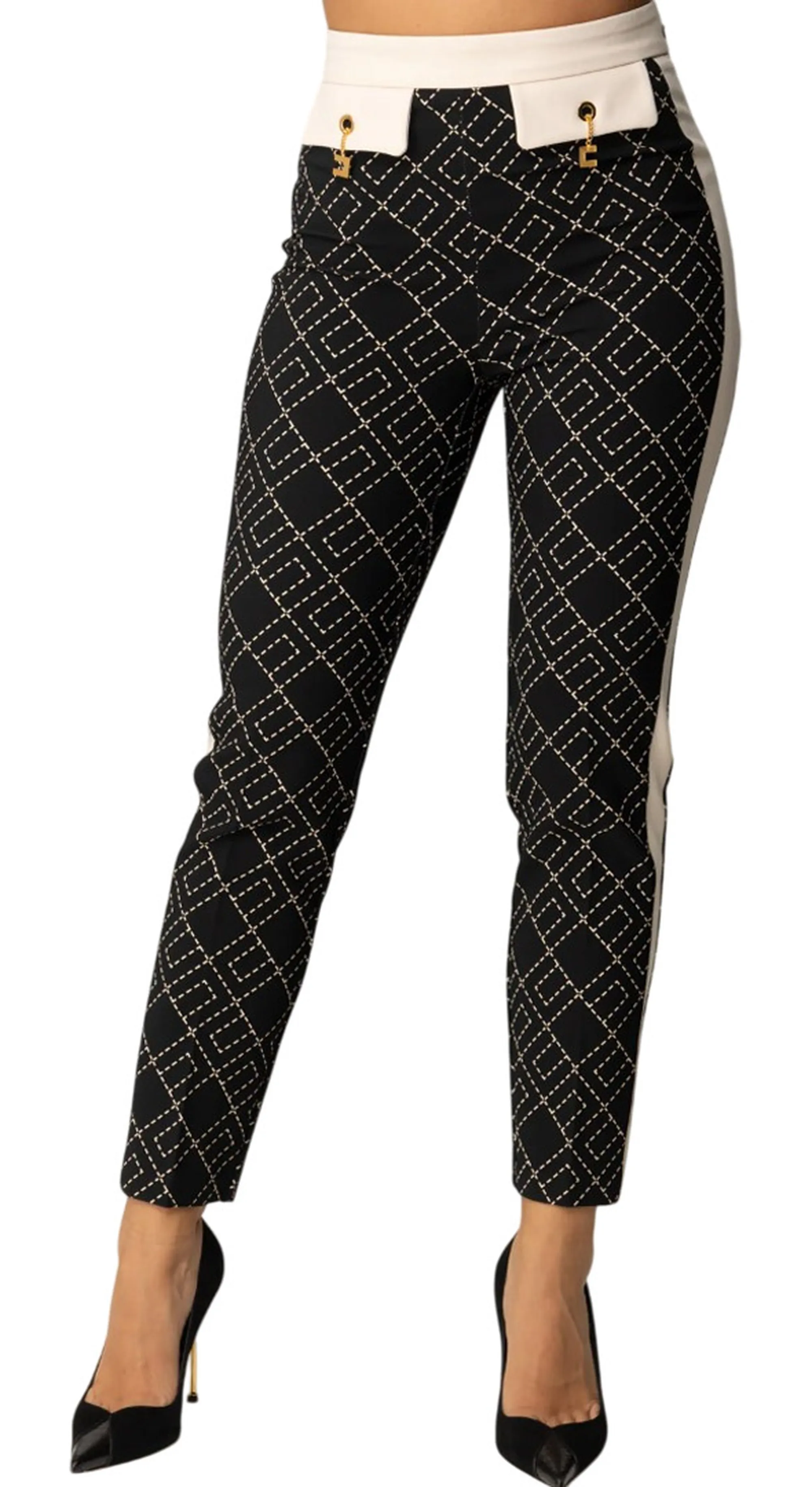 Elisabetta Franchi B'Two-Tone Double Crepe Trousers With Print' Black Pas0156E2 167178