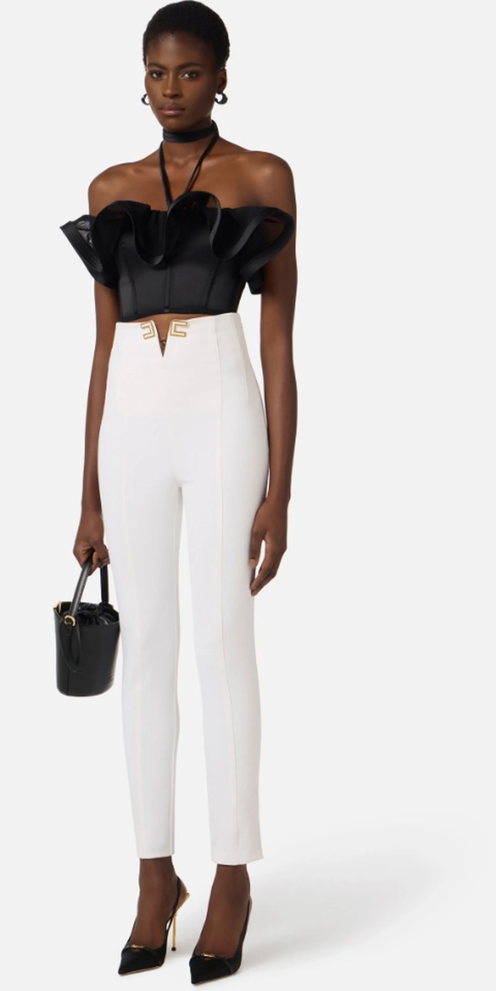 Elisabetta Franchi B'Double Stretch Crepe Trousers With Logo Details' Ivory Pa16361E2 172417